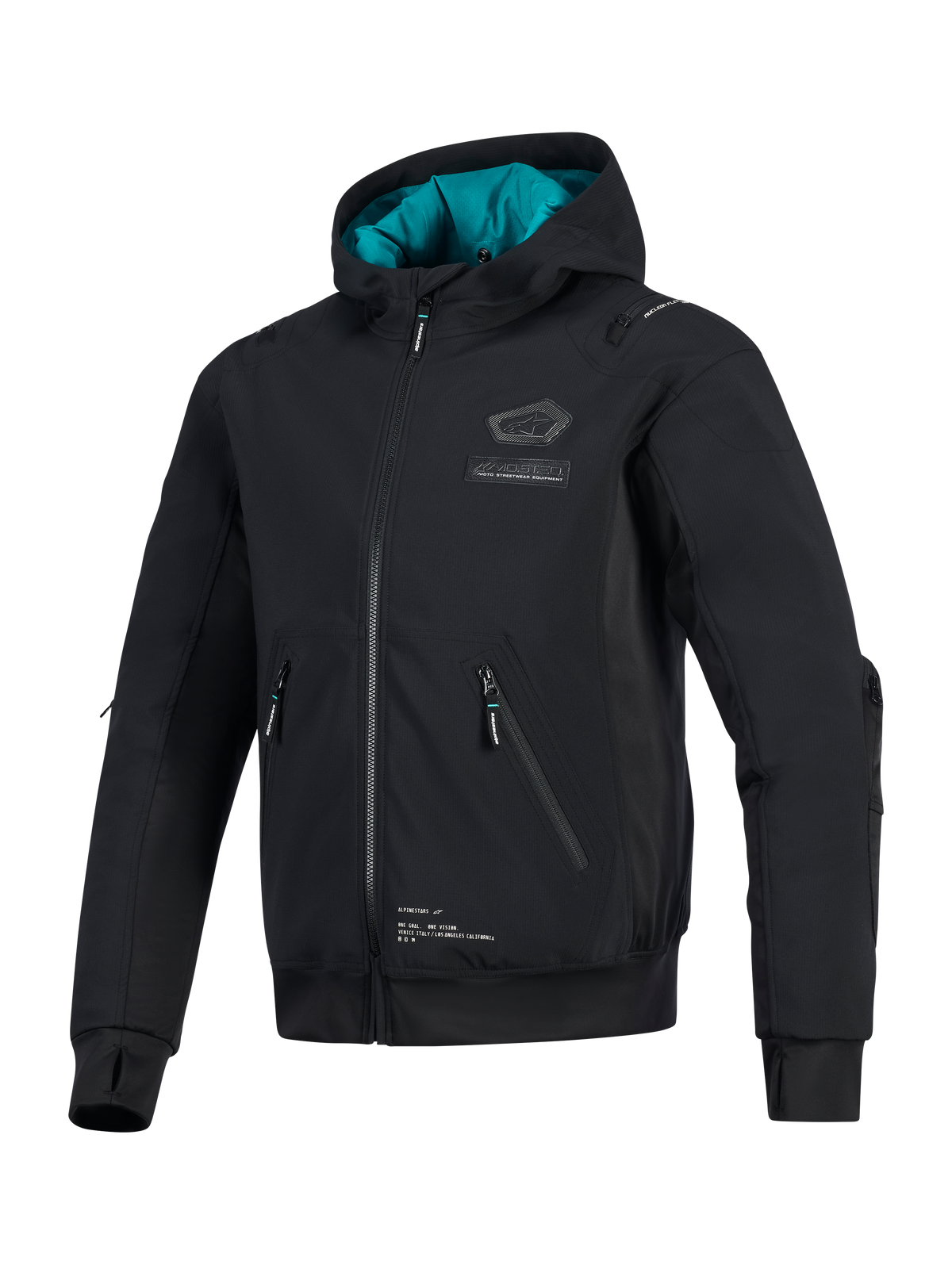 Alpinestars Moblast Waterproof Jacket, czarna techniczna motocyklowa kurtka typu softshell z morskim wyłożeniem kaptura, wyposażona w kieszenie 3D na zamek, zintegrowane otwory na kciuki i logo Alpinestars na piersi, miejska odzież motocyklowa