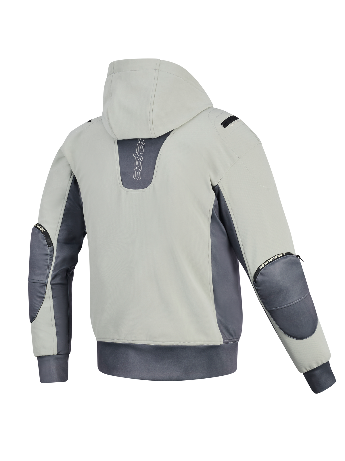 Kurtka Alpinestars Moblast Waterproof, widok z tyłu, kolor Iron Gray i Dark Sage, motocyklowa bluza z kapturem z korpusem w kolorze jasnej szałwii i ciemnoszarymi akcentami, pionowe logo na plecach, widoczne zamki ochraniaczy łokci i elastyczny pas