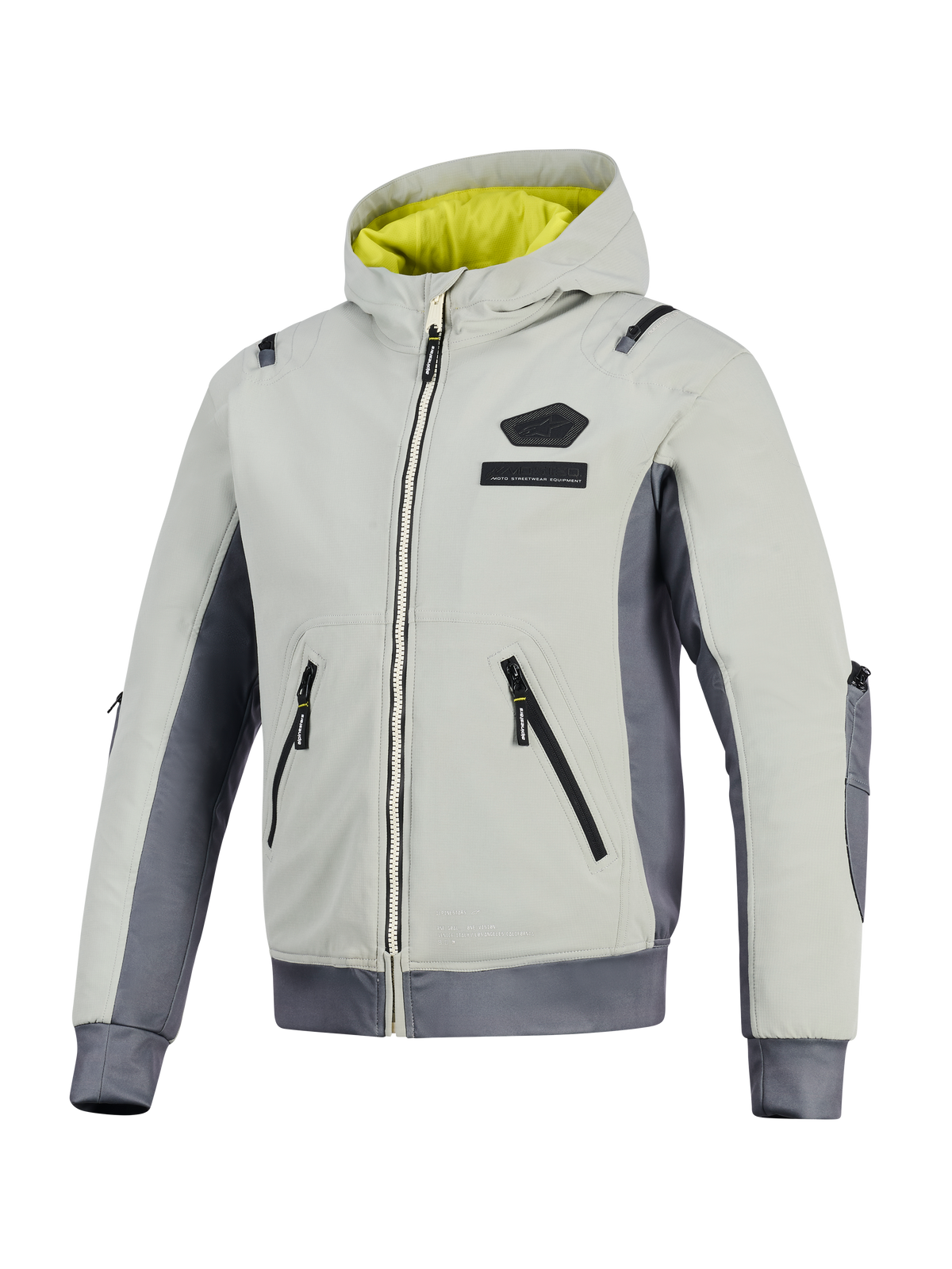 Alpinestars Moblast Waterproof Jacket, Iron Gray i Dark Sage, motocyklowa kurtka z kapturem, jaskrawożółta podszewka, jasnoszary tekstylny korpus z ciemnoszarymi panelami bocznymi, wodoodporne zamki i logo na klatce piersiowej