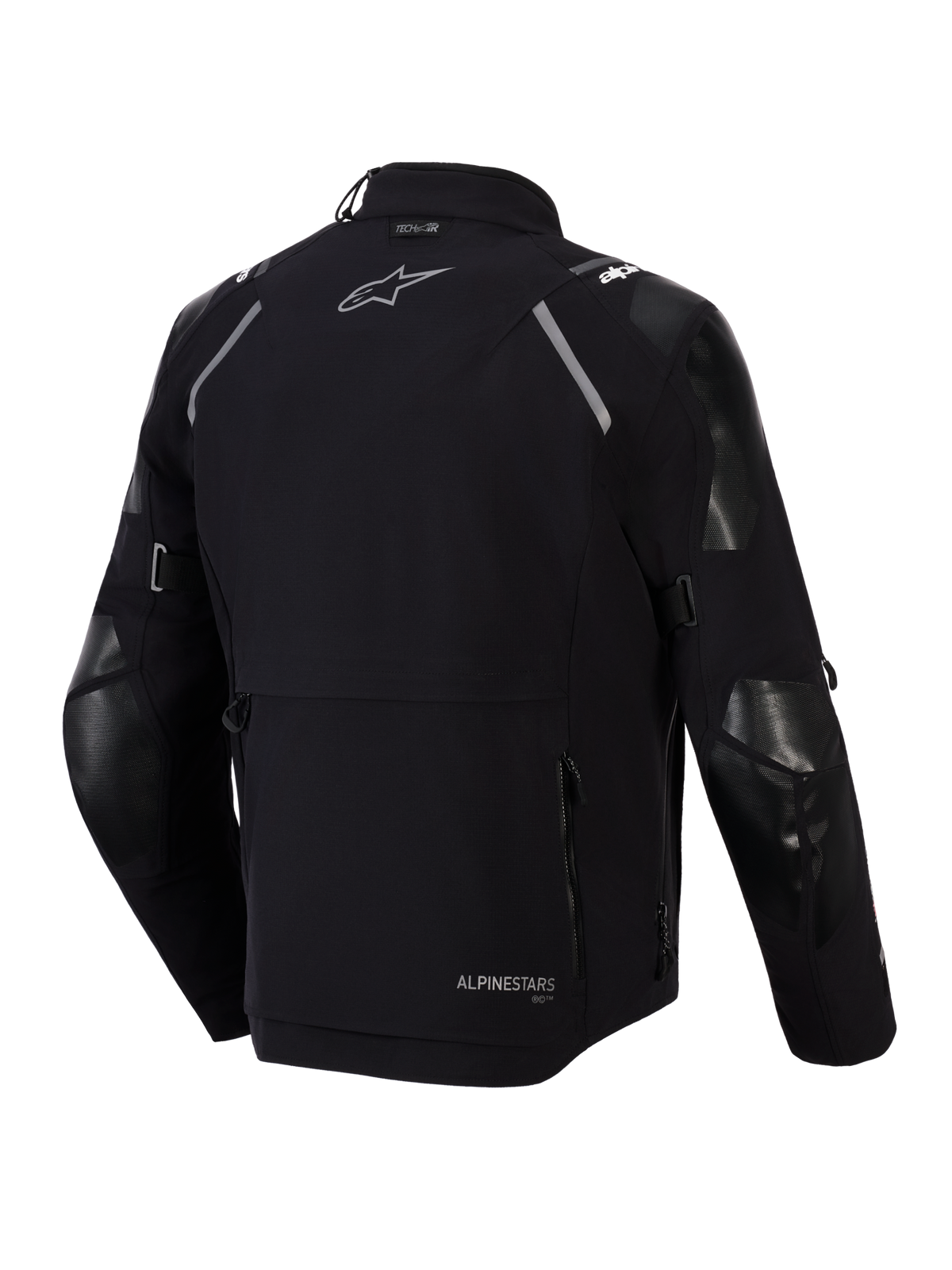 Kurtka Alpinestars Andes Pro Drystar® XF, widok z tyłu, czarno-ciemnoszara, tekstylna kurtka motocyklowa typu adventure touring z dużą tylną kieszenią, odblaskowymi akcentami na ramionach, logo Alpinestars oraz oznaczeniem kompatybilności z systemem Tech-Air®.