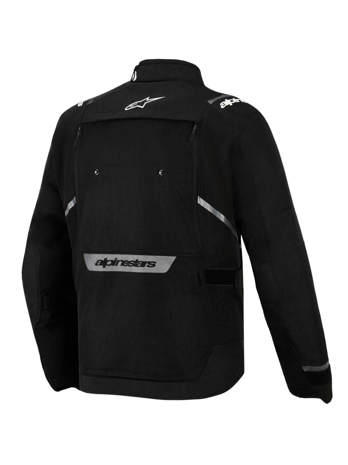 Kurtka Alpinestars Cusco Drystar®, czarna tekstylna kurtka motocyklowa adventure touring, widok z tyłu z odblaskowym logo.