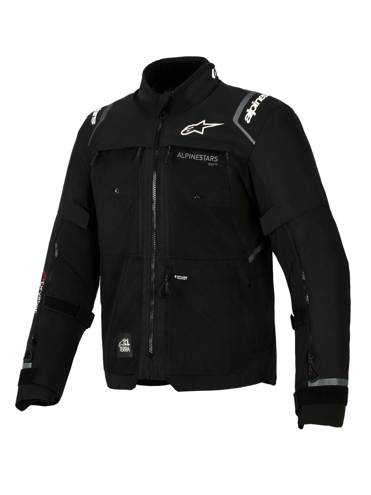 Alpinestars Kurtka Cusco Drystar®, męska kurtka motocyklowa touringowa adventure, czarna, wodoodporna, system Tech-Air Ready, ochraniacze CE poziomu 2, techniczna konstrukcja tekstylna ripstop, białe logo na piersi i ramionach.