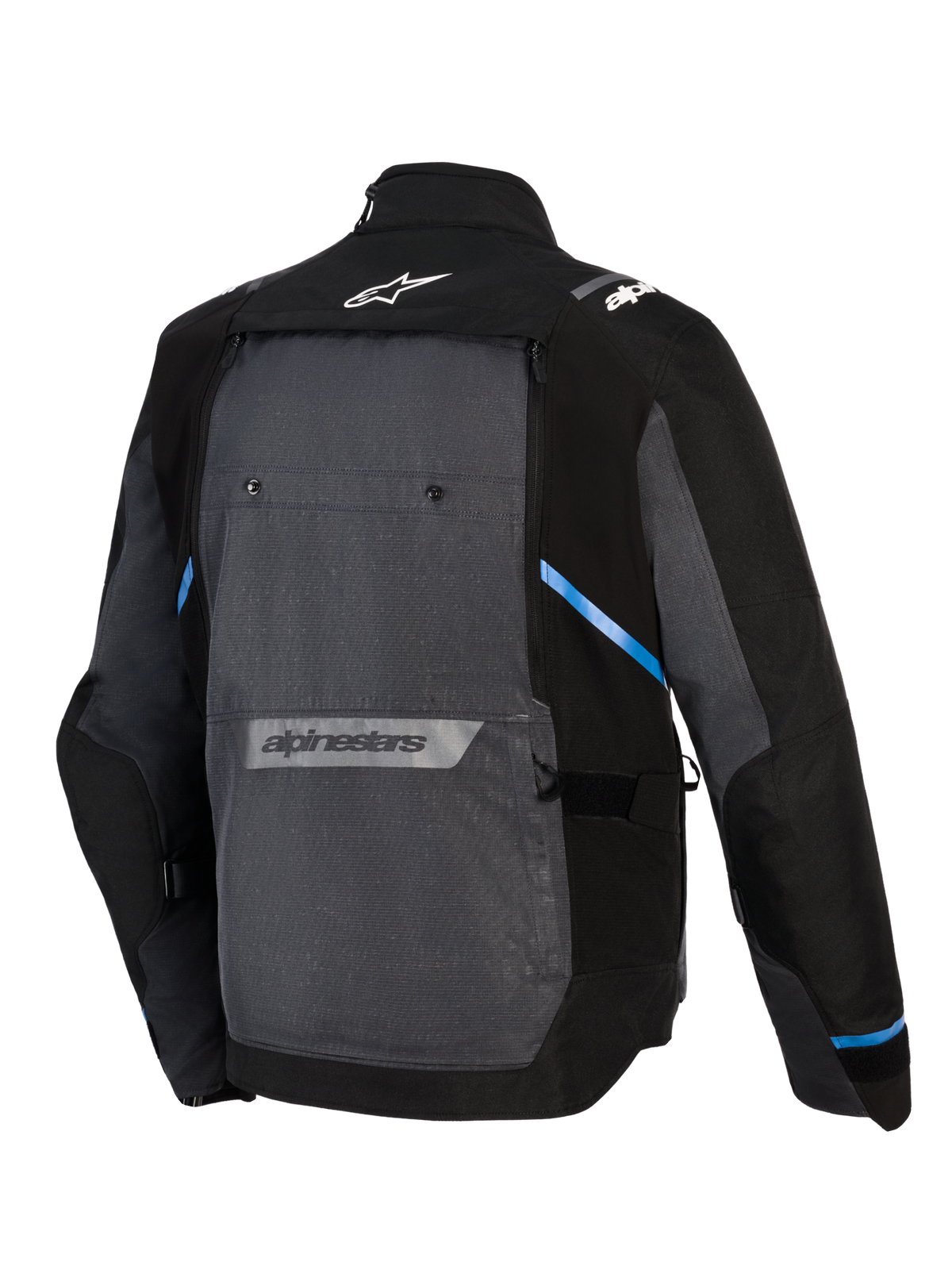 Kurtka Alpinestars Cusco Drystar®, turystyczna kurtka motocyklowa adventure, czarna i ciemnoszara, widok z tyłu ukazujący duży szary panel tylny, niebieskie akcenty, logo Alpinestars w górnej i dolnej części pleców oraz wytrzymała konstrukcja z materiału ripstop
