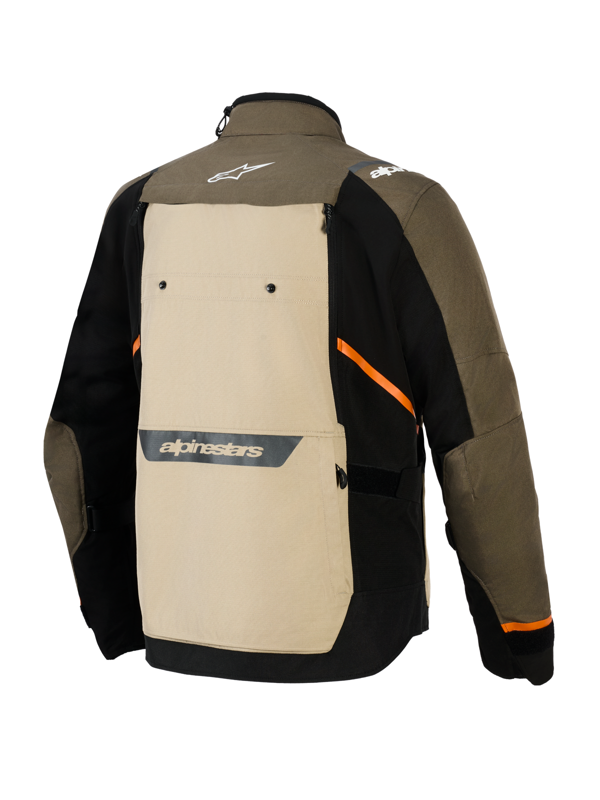 Kurtka Alpinestars Cusco Drystar®, widok z tyłu, kolor Walnut Aluminum Black, tekstylna kurtka motocyklowa adventure z dużym beżowym panelem na plecach, pomarańczowymi ukośnymi akcentami i odblaskowymi logotypami na brązowo-czarnej powłoce.