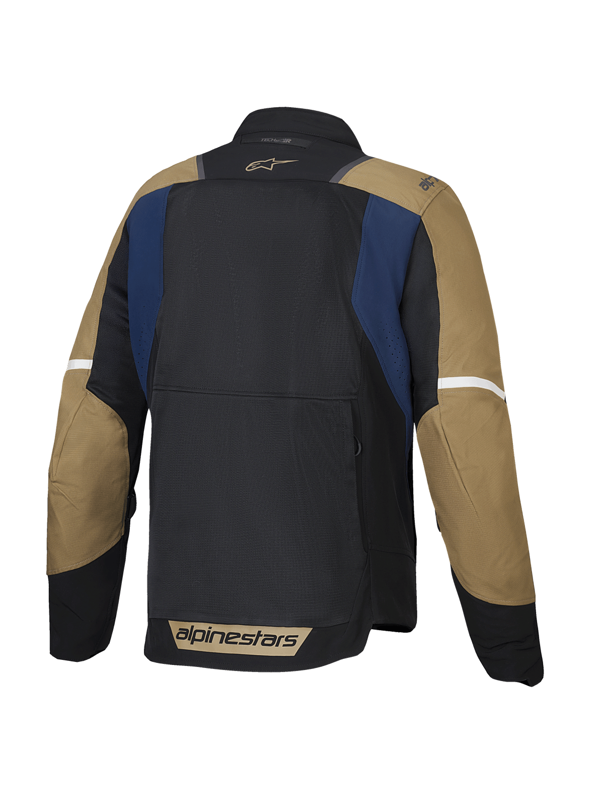 Kurtka Alpinestars ST-2 Air, męska letnia motocyklowa kurtka turystyczna, widok z tyłu pokazujący wentylowane panele z siatki i przedłużony tył, w kolorach granatowym, ciemno khaki i czarnym, z certyfikatem CE poziomu AA i przygotowaniem pod system Tech-Air