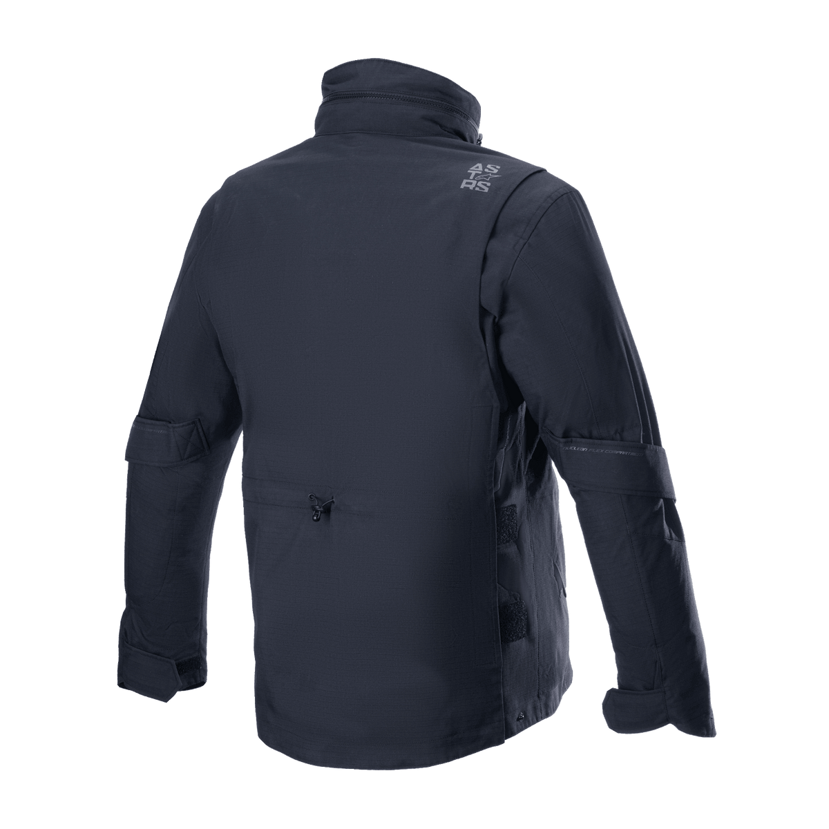Alpinestars MO.ST.EQ Field Waterproof Primaloft Jacket, czarna kurtka motocyklowa, widok z tyłu, współczesny design inspirowany stylem streetwear, konstrukcja z tkaniny ripstop, wysoki kołnierz i subtelne szare logo na ramieniu