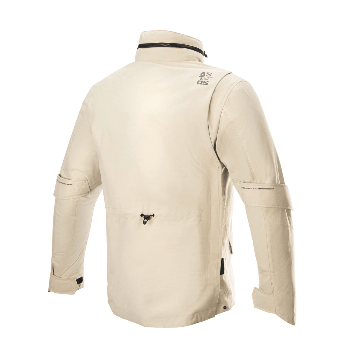 Alpinestars MO.ST.EQ Field Waterproof Primaloft Jacket, kurtka motocyklowa, kolor Sand Military, widok z tyłu, wysoki kołnierz z chowanym kapturem, regulatory objętości rękawów, lekka konstrukcja ripstop w nowoczesnym stylu field jacket