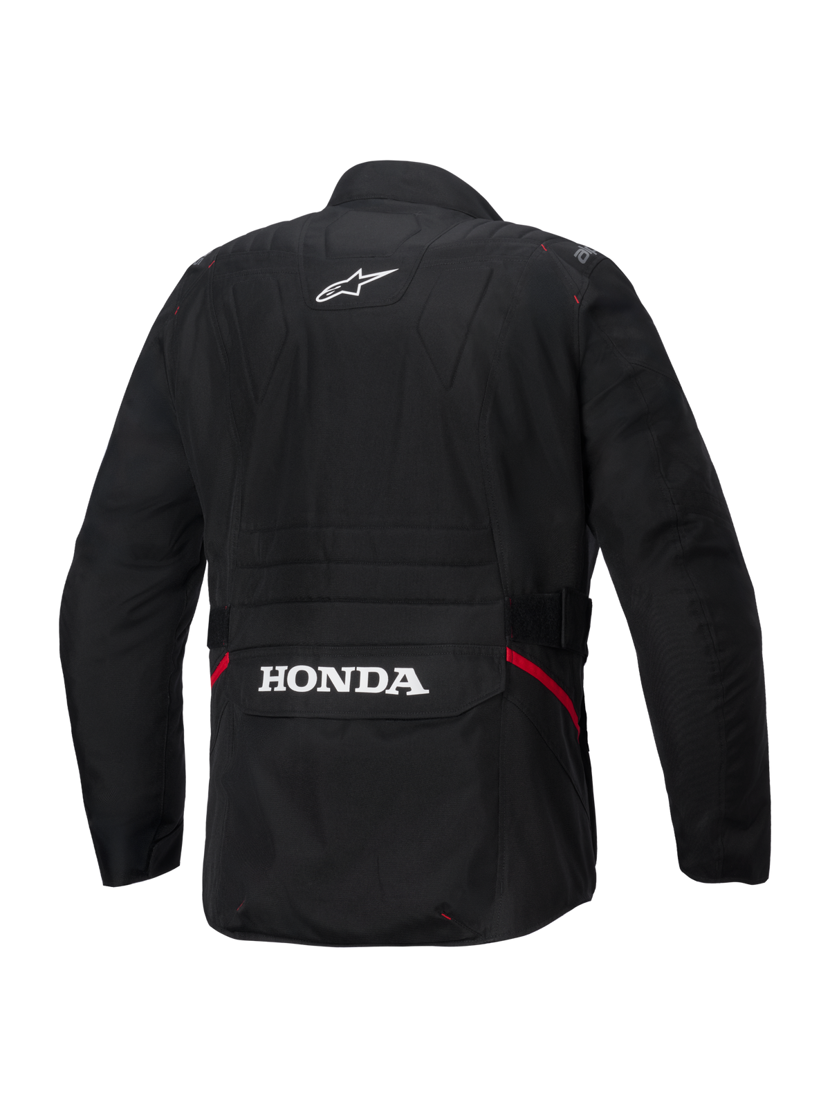 Wodoodporna kurtka Alpinestars Honda ST-1, widok z tyłu, czarny materiał tekstylny, białe logo gwiazdy Alpinestars w górnej części pleców, branding Honda na tylnej kieszeni cargo, czerwone akcenty po bokach, wytrzymała turystyczna kurtka motocyklowa