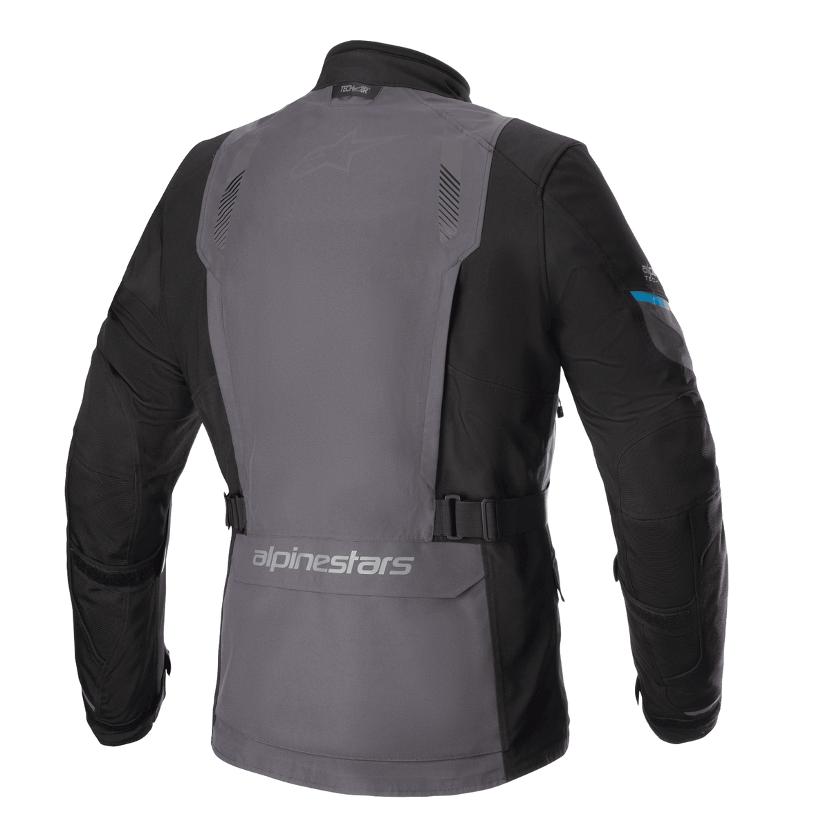 Kurtka Alpinestars Monteira Drystar® XF, motocyklowa kurtka turystyczna adventure, szaro-czarna z akcentami Methyl Blue, widok z tyłu prezentujący duży szary panel, regulowane paski w talii oraz logo Alpinestars na dolnej części pleców.