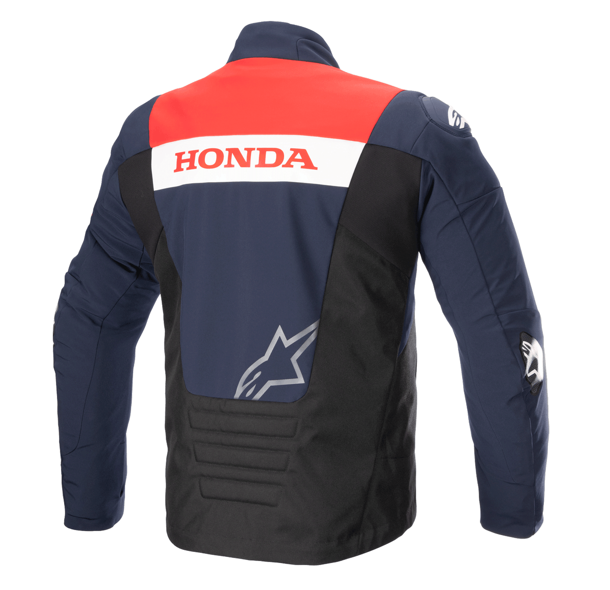 Wodoodporna kurtka softshell Alpinestars Honda SMX, widok z tyłu, kolorystyka Night Navy, czarny i jaskrawoczerwony, z napisem „HONDA” na białym pasie i srebrnym logo Alpinestars, przeznaczona do szosowej jazdy motocyklowej