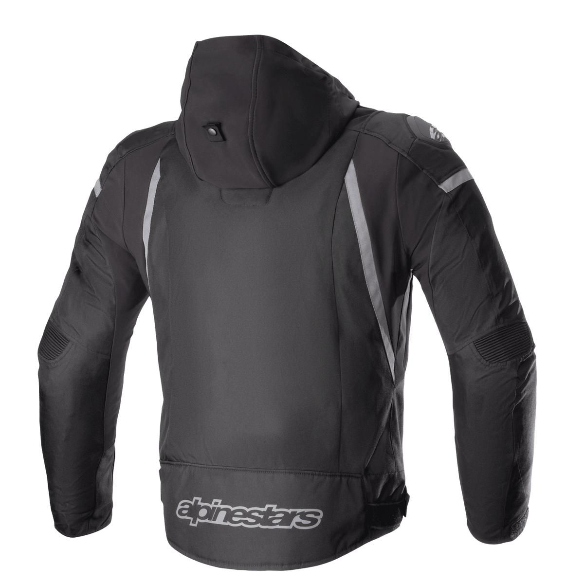 Alpinestars Zaca Waterproof Jacket, czarno-ciemnoszara, widok z tyłu z odpinanym kapturem, szarymi odblaskowymi akcentami i logo Alpinestars na dole pleców, tekstylna sportowa kurtka motocyklowa