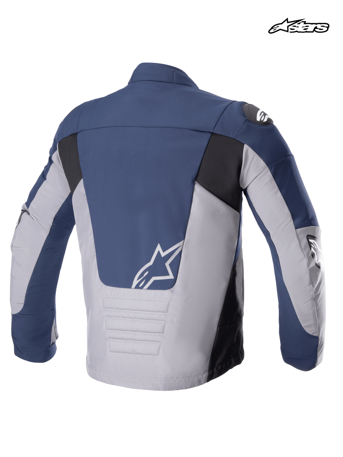 Alpinestars SMX Wodoodporna kurtka motocyklowa męska, widok z tyłu przedstawiający kolorystykę granatową, ciemnoszarą i czarną, wydłużony dół pleców oraz białe logo A-star