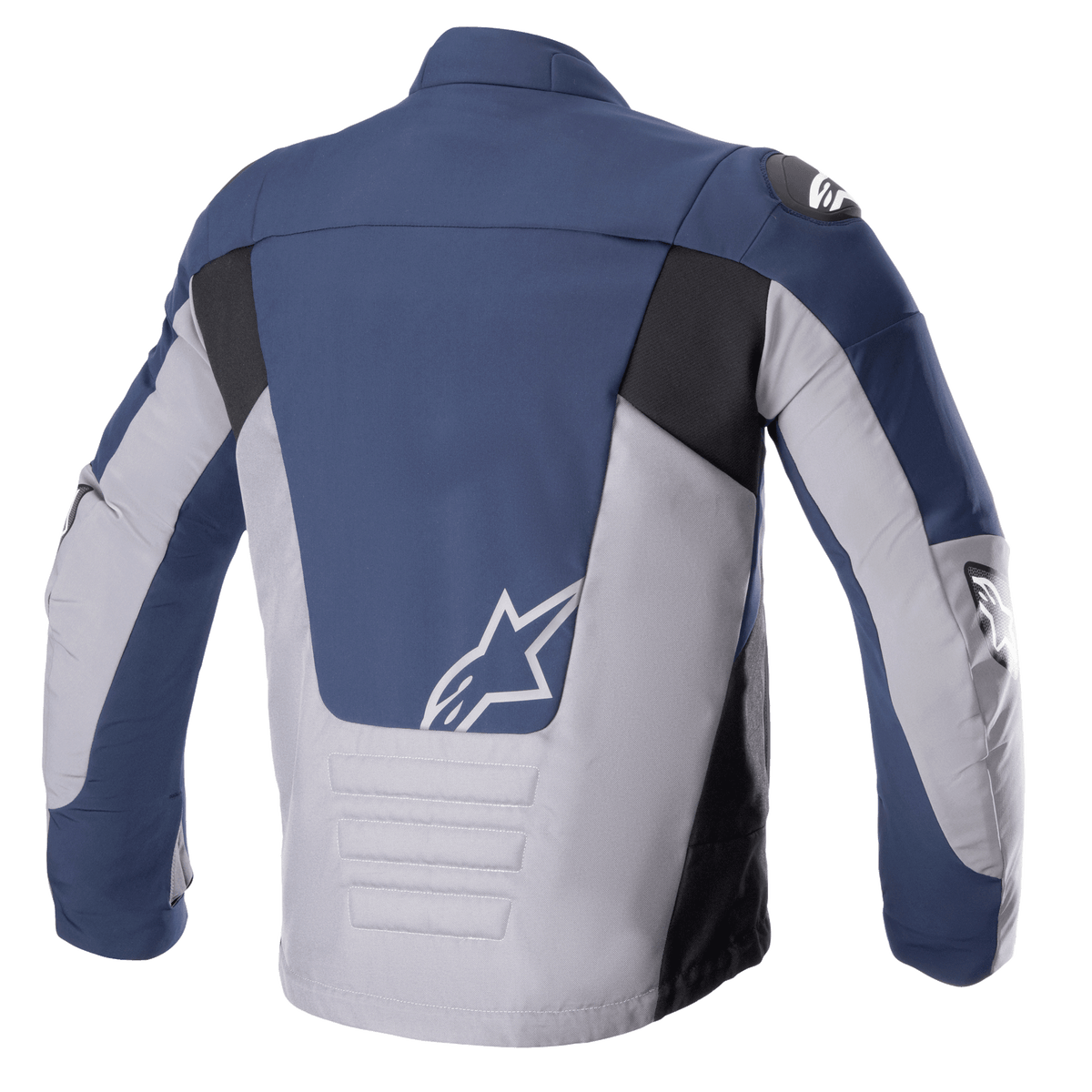 Kurtka Alpinestars SMX Waterproof, widok z tyłu, granatowa i ciemnoszara, panele w kolorach granatowym i jasnoszarym z czarnymi akcentami, białe logo gwiazdy na dole pleców, wyściełane poziome przeszycia