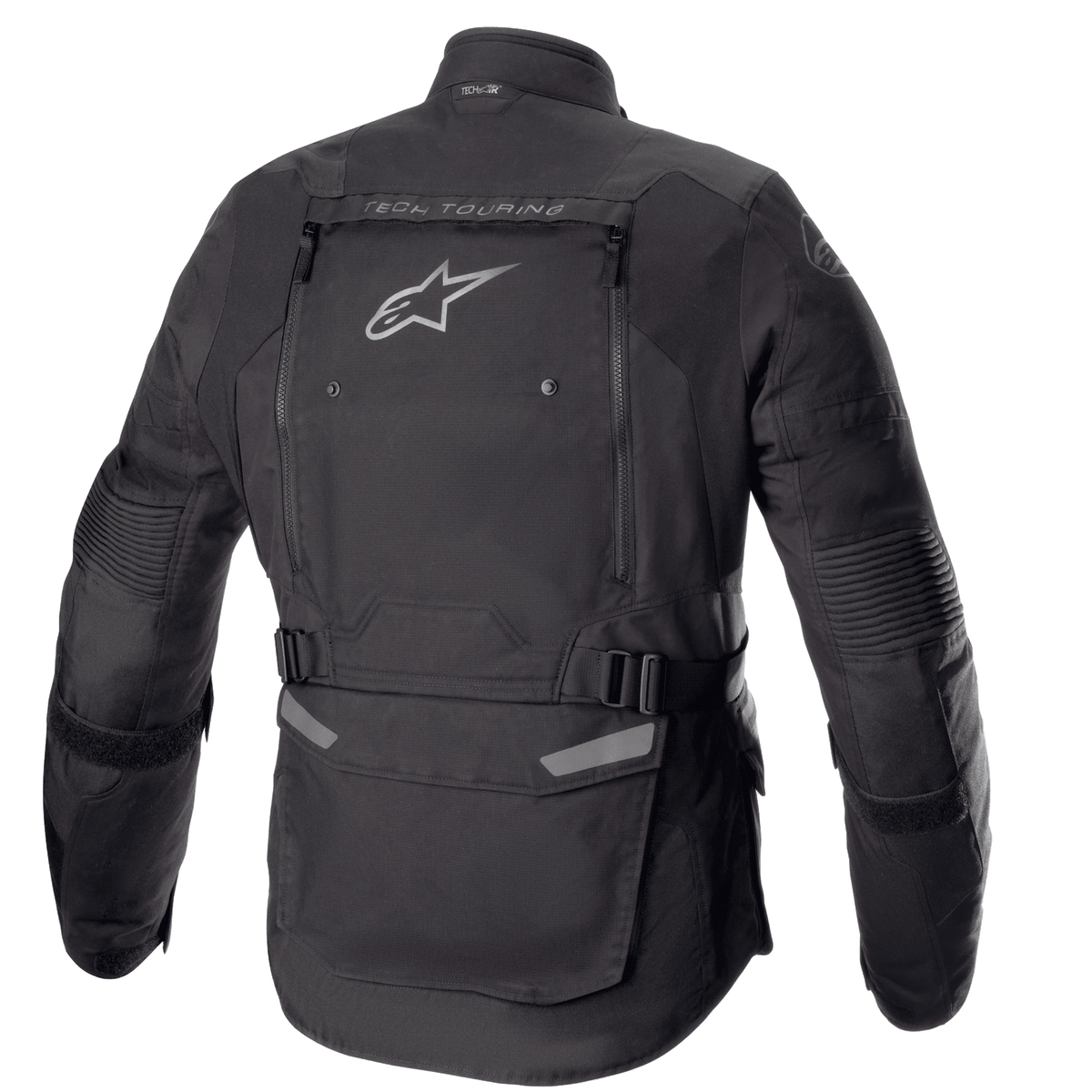 Kurtka Alpinestars Bogotá Pro Drystar®, widok z tyłu, czarna, tekstylna kurtka motocyklowa z dużym panelem wentylacyjnym na plecach, logo Alpinestars, brandingiem „TECH TOURING”, regulowanymi paskami w talii i panelami harmonijkowymi na łokciach.