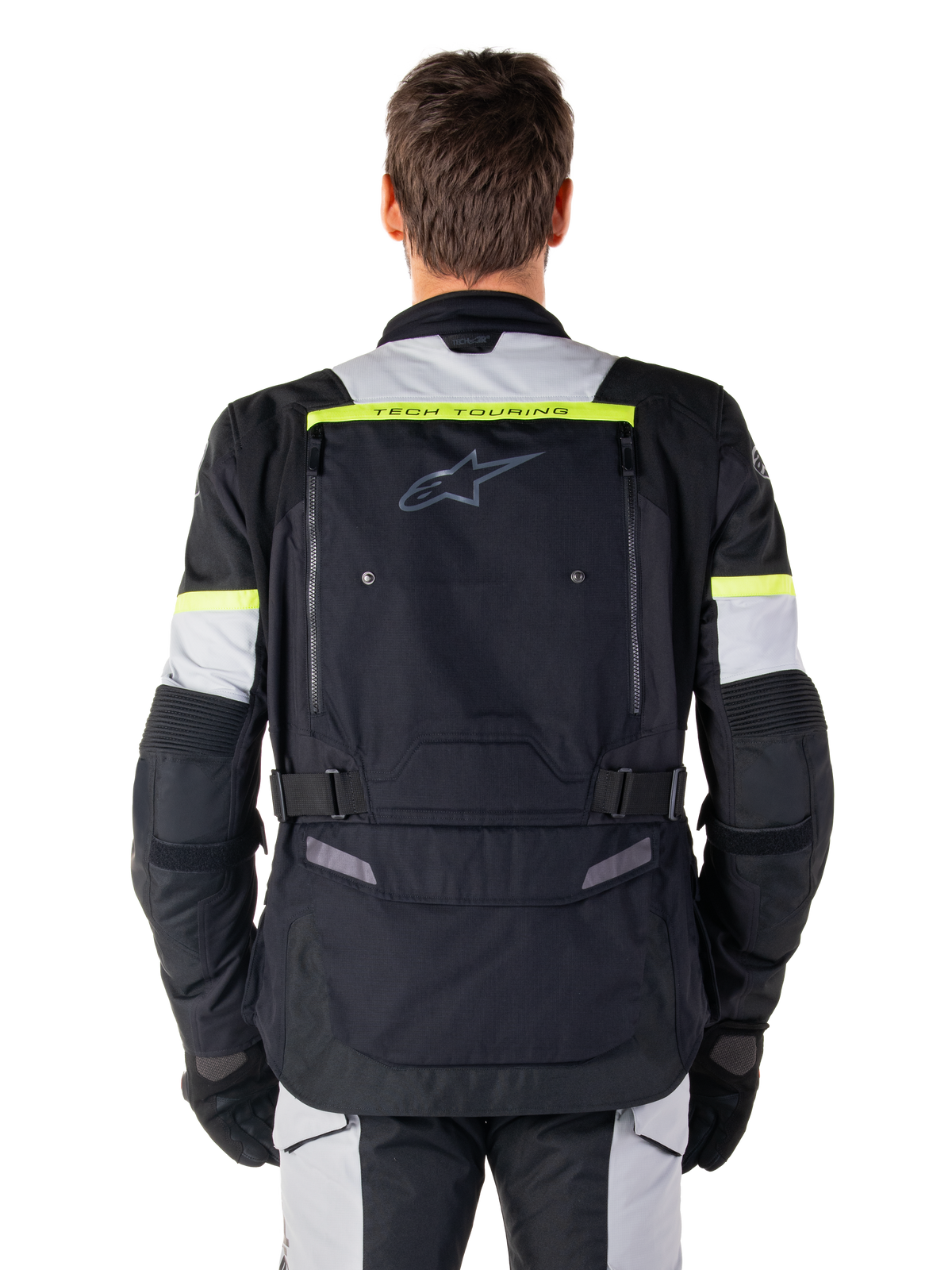 Alpinestars Bogota' Pro Drystar® Jacket, black and yellow fluo adventure touring motorcycle jacket, rear view.