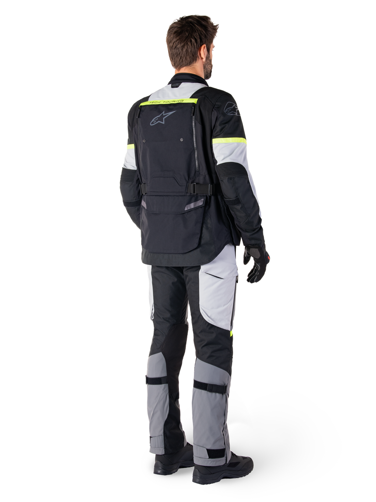 Alpinestars Bogota' Pro Drystar® Jacket, Men's Textile Adventure Touring Jacket, Black and Ice Gray, Yellow Fluo, Rear View.