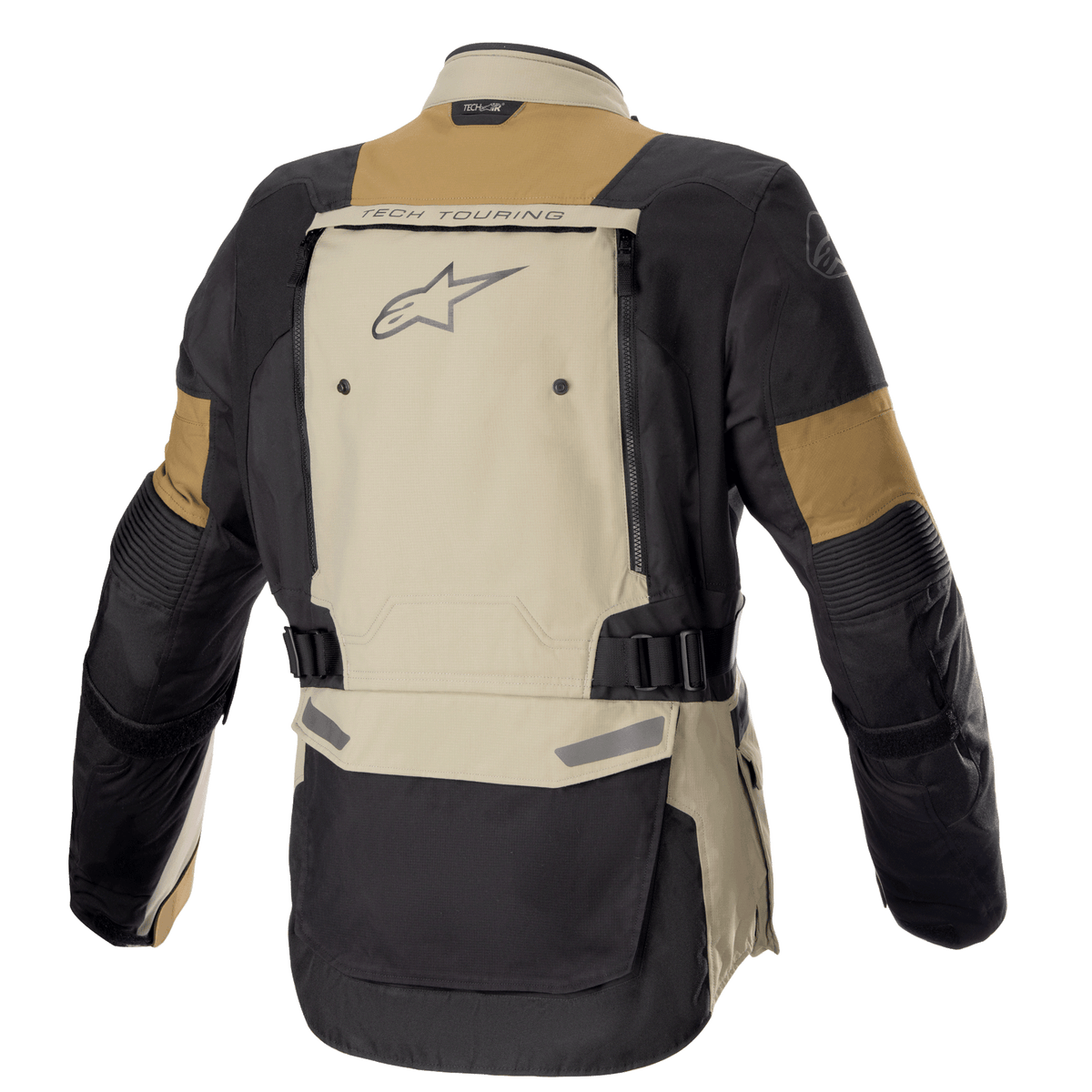 Kurtka Alpinestars Bogotá Pro Drystar®, motocyklowa kurtka adventure, kolor Vetiver Military Olive i czarny, widok z tyłu ukazujący duży panel wentylacyjny z napisem „TECH TOURING” i logo Alpinestars, regulowane paski w talii, trwała konstrukcja tekstylna do turystyki całosezonowej.