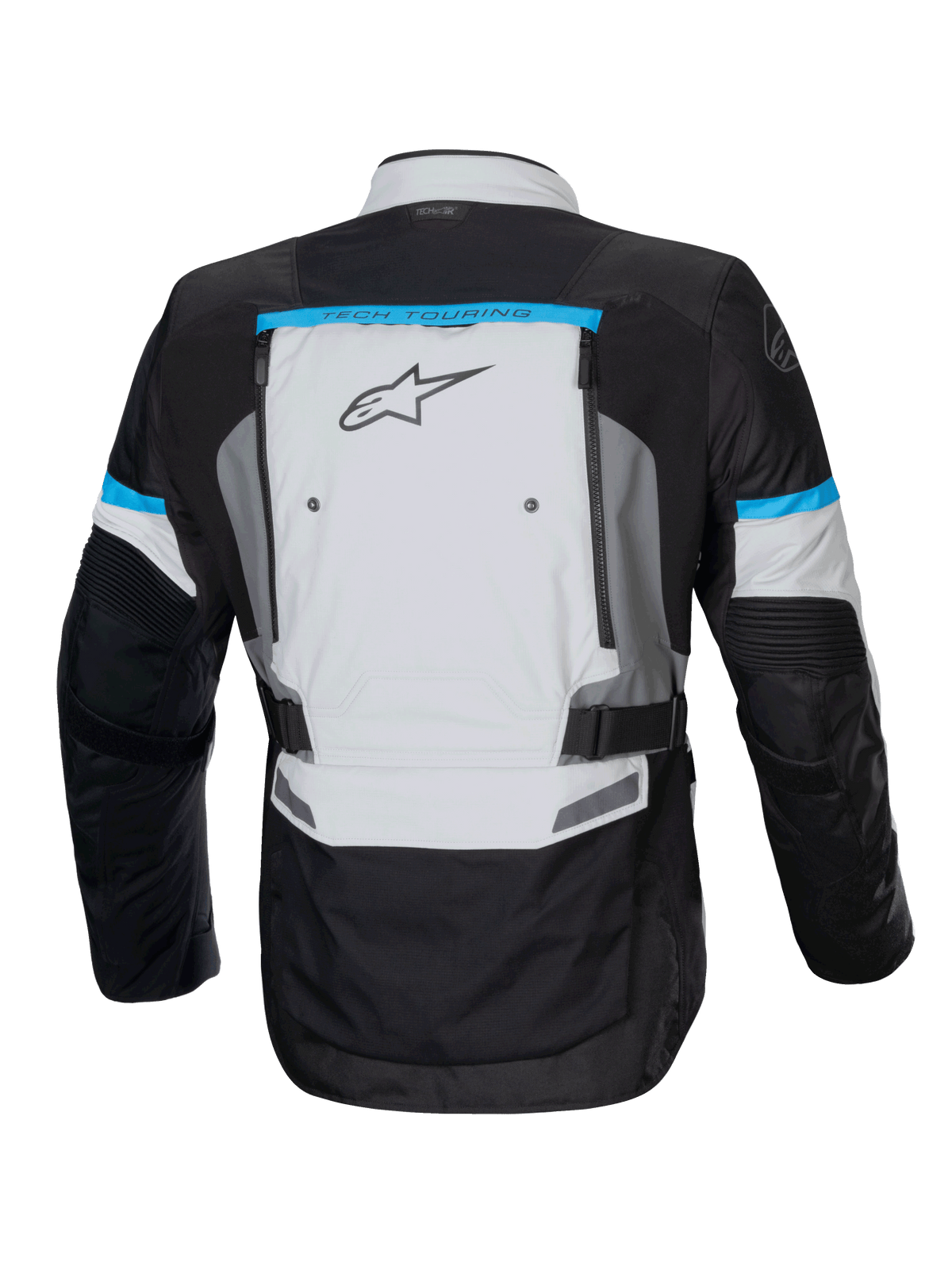 Kurtka motocyklowa Alpinestars Bogota Pro Drystar, touring, męska, lodowy szary i czarny, akcenty cyjan, widok z tyłu.