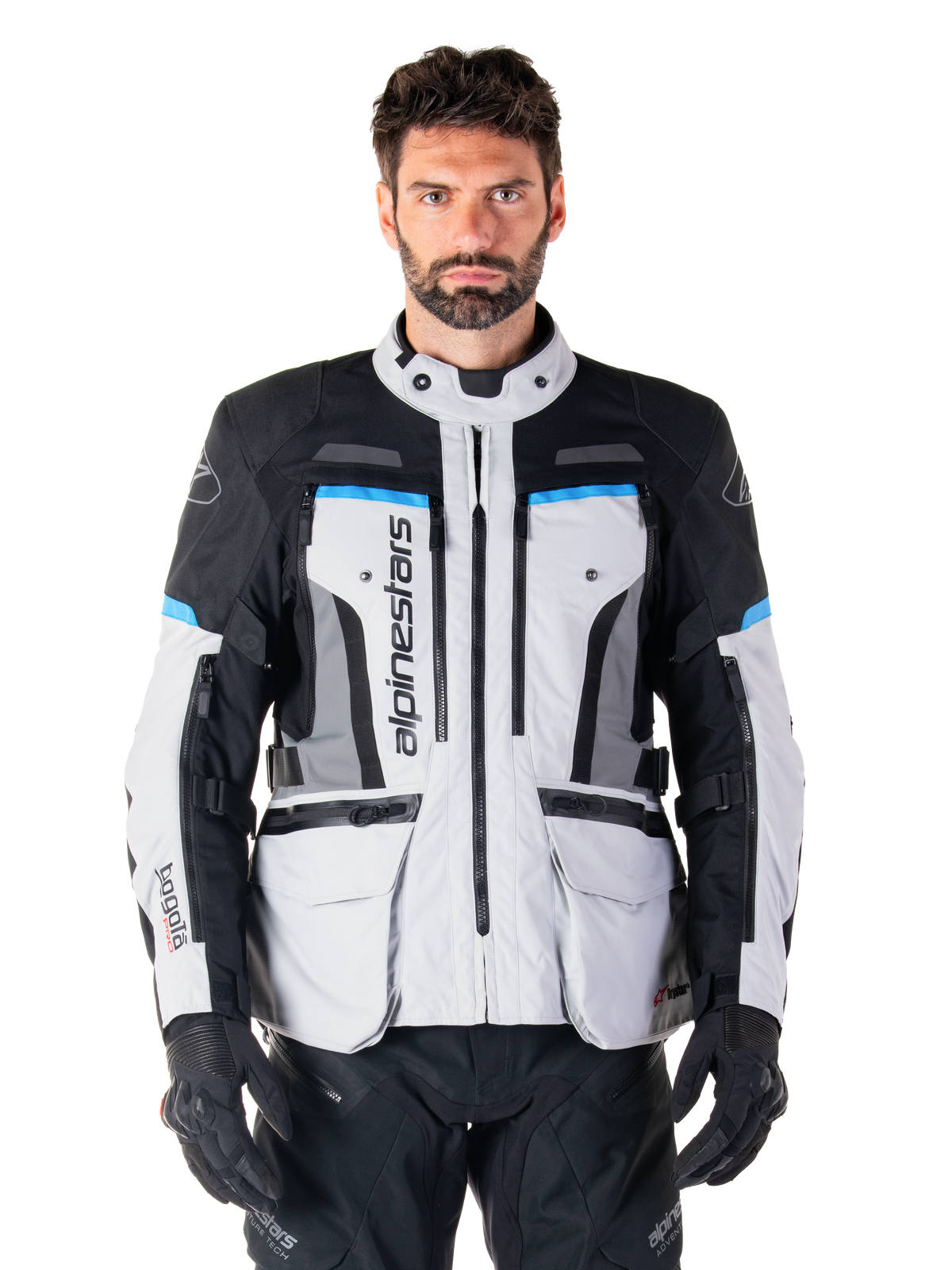 Alpinestars Bogota Pro Drystar, męska kurtka adventure touring, szara, czarna i błękitna, wodoodporna, widok z przodu.