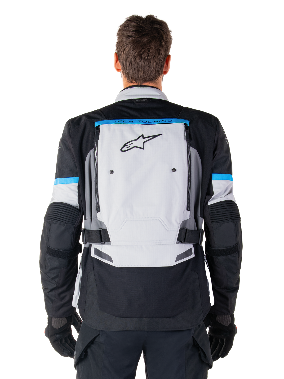 Kurtka Alpinestars Bogota' Pro Drystar®, motocyklowa kurtka adventure touring, lodowy szary i czarny, widok z tyłu.