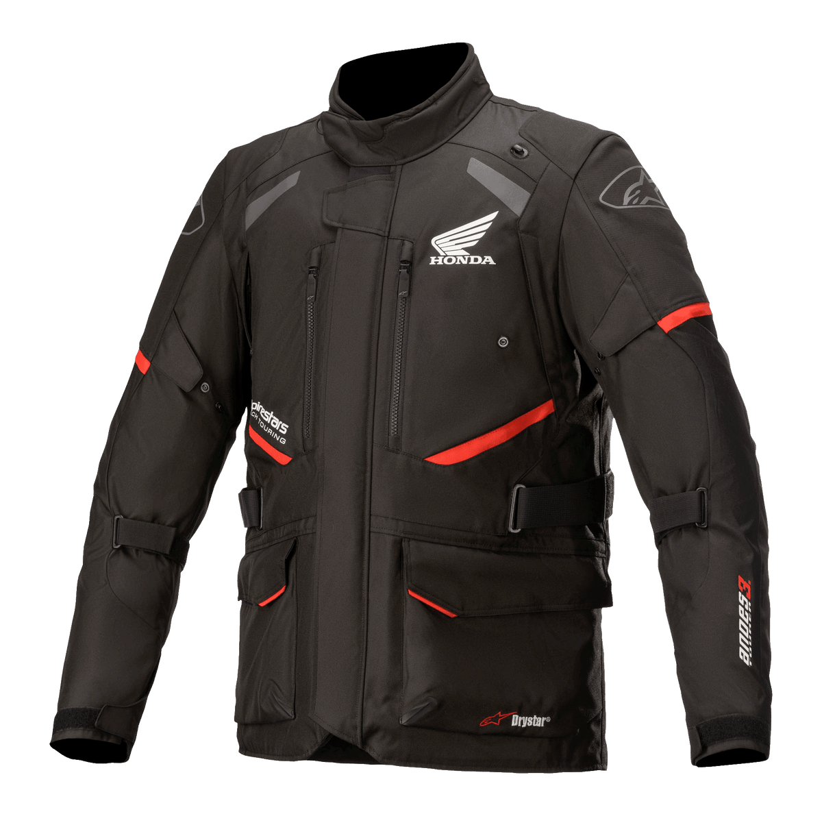 Kurtka Honda Andes V3 Drystar, motocyklowa kurtka turystyczna, czarna z czerwonymi akcentami, widok z przodu z dużymi kieszeniami cargo i regulowanymi paskami, techniczna konstrukcja tekstylna z logo skrzydła Hondy i Alpinestars, design inspirowany stylem adventure