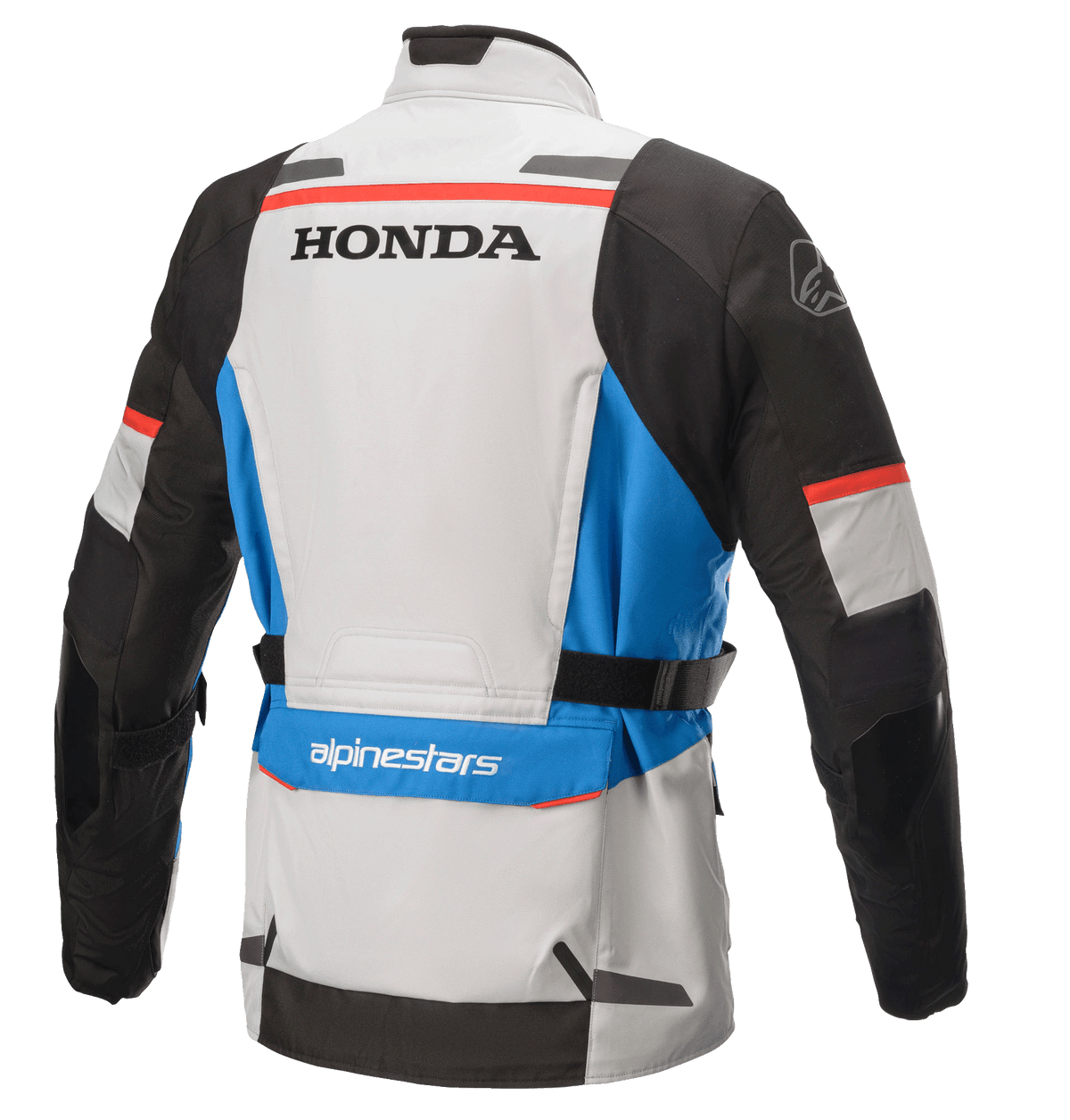 Alpinestars Honda Andes V3 Drystar® Jacket, tekstylna kurtka adventure touring, szara, niebieska i jasnoczerwona, widok z tyłu z logo Honda i Alpinestars, czarne rękawy, niebieskie akcenty, regulowane paski w talii