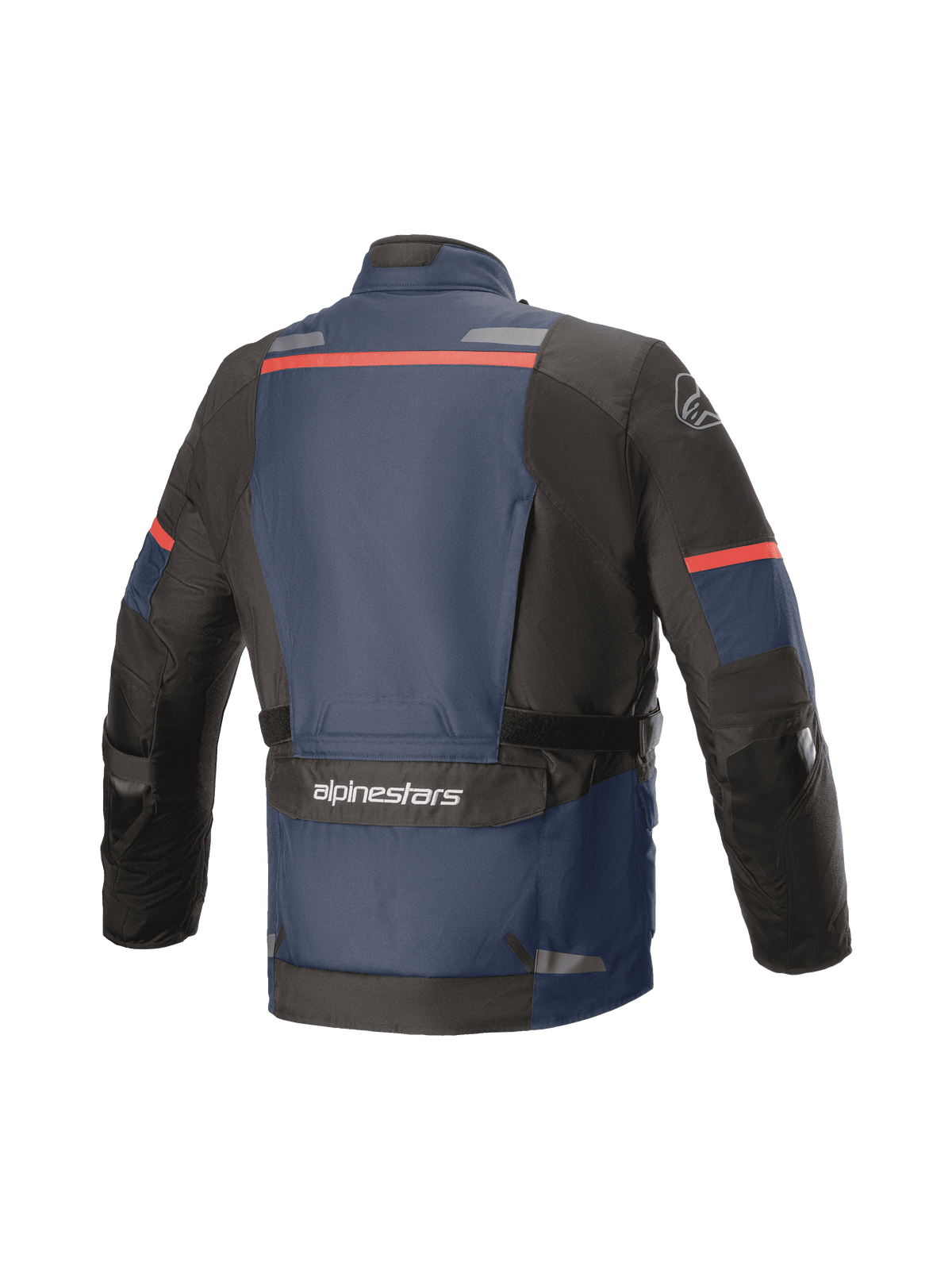 Kurtka Alpinestars Andes V3 Drystar®, motocyklowa kurtka adventure touring, widok z tyłu, ciemnoniebieska i czarna z czerwonymi akcentami, duża kieszeń cargo w dolnej części pleców z logo Alpinestars, odblaskowe paski na górze pleców, wzmocnione sekcje na łokciach
