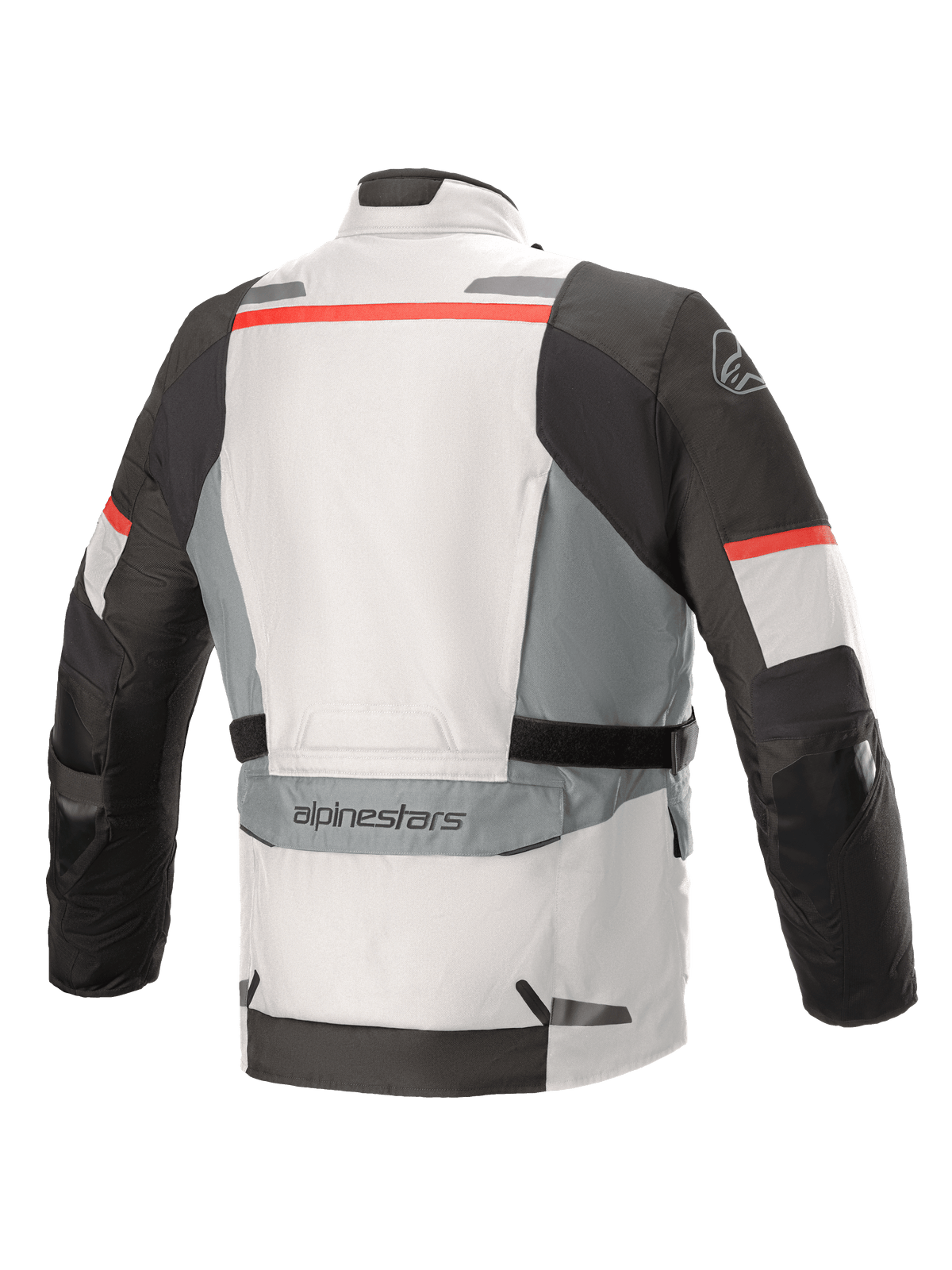 Kurtka Alpinestars Andes V3 Drystar®, kolor lodowoszary i ciemnoszary z czerwonymi akcentami, widok z tyłu z dużą kieszenią użytkową na dole pleców, regulowanymi paskami w talii i odblaskowymi detalami na ramionach oraz dolnej krawędzi.