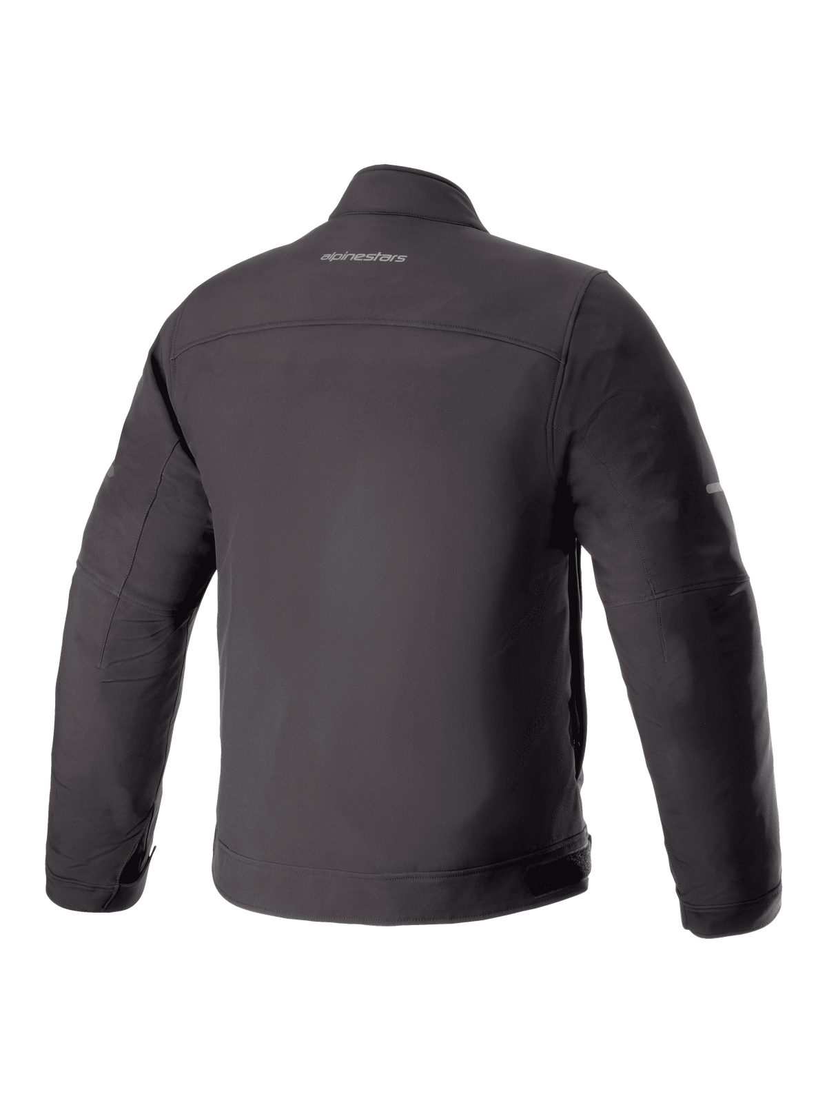 Alpinestars Husker Waterproof Jacket, kurtka motocyklowa, czarna, widok z tyłu, matowy materiał softshell, centralnie umieszczone logo Alpinestars na górnej części pleców, miejski techniczny design