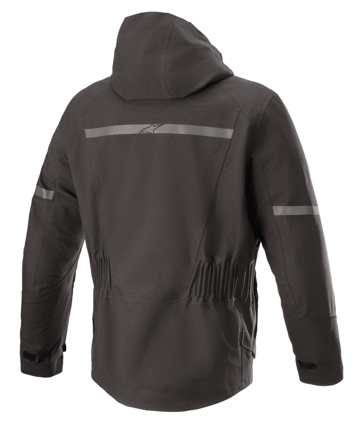 Kurtka Alpinestars Sirius Drystar® Techshell, kurtka motocyklowa, Melange Black, widok z tyłu ze zintegrowanym kapturem, odblaskowy pasek z logo Alpinestars, elastyczna talia i wydłużony tył dla lepszej osłony podczas jazdy.