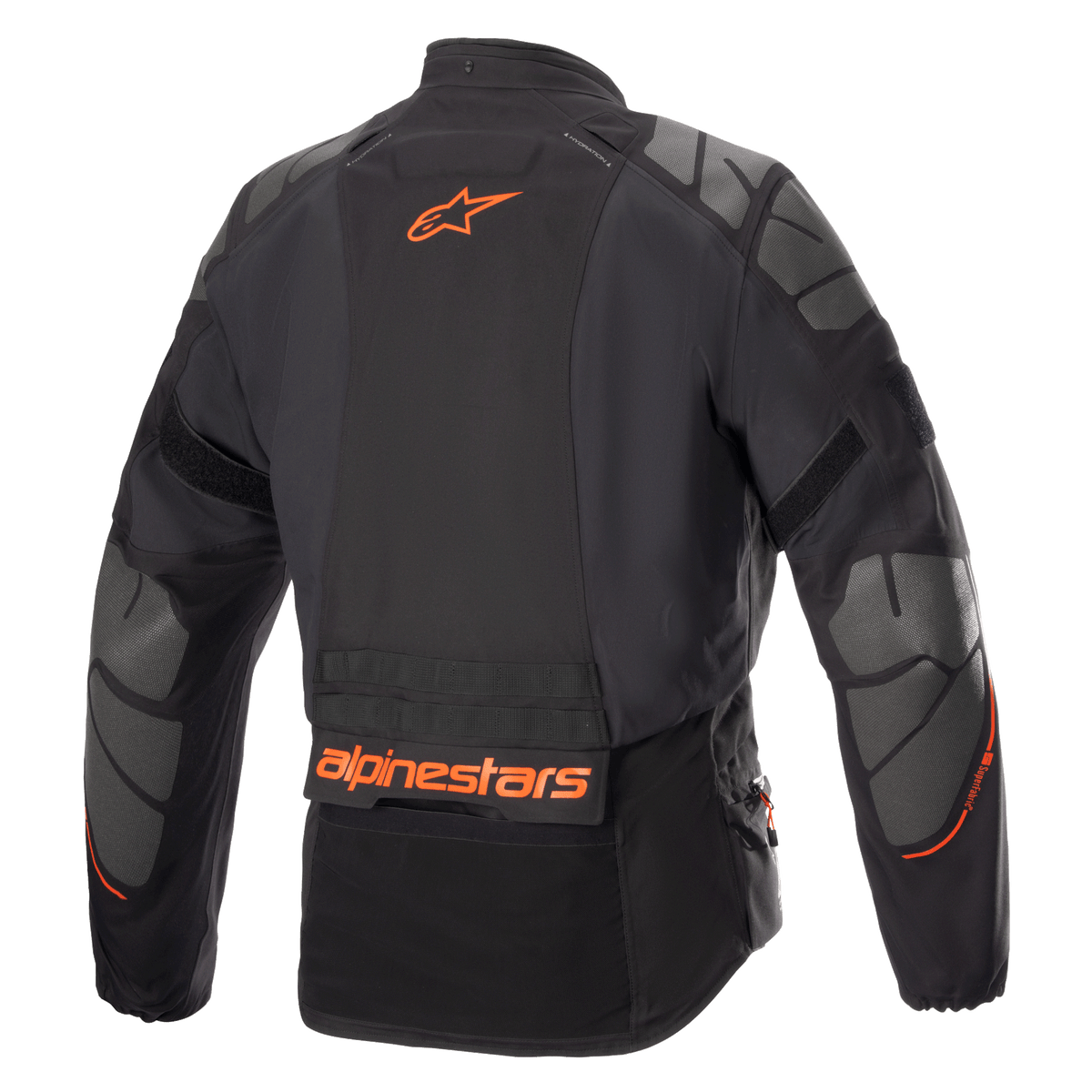 Kurtka Alpinestars AMT-10R Drystar® XF, motocyklowa kurtka adventure, czarna z pomarańczowym logo Alpinestars i szarymi panelami Superfabric na ramionach i łokciach, widok z tyłu, techniczna wielosezonowa odzież motocyklowa