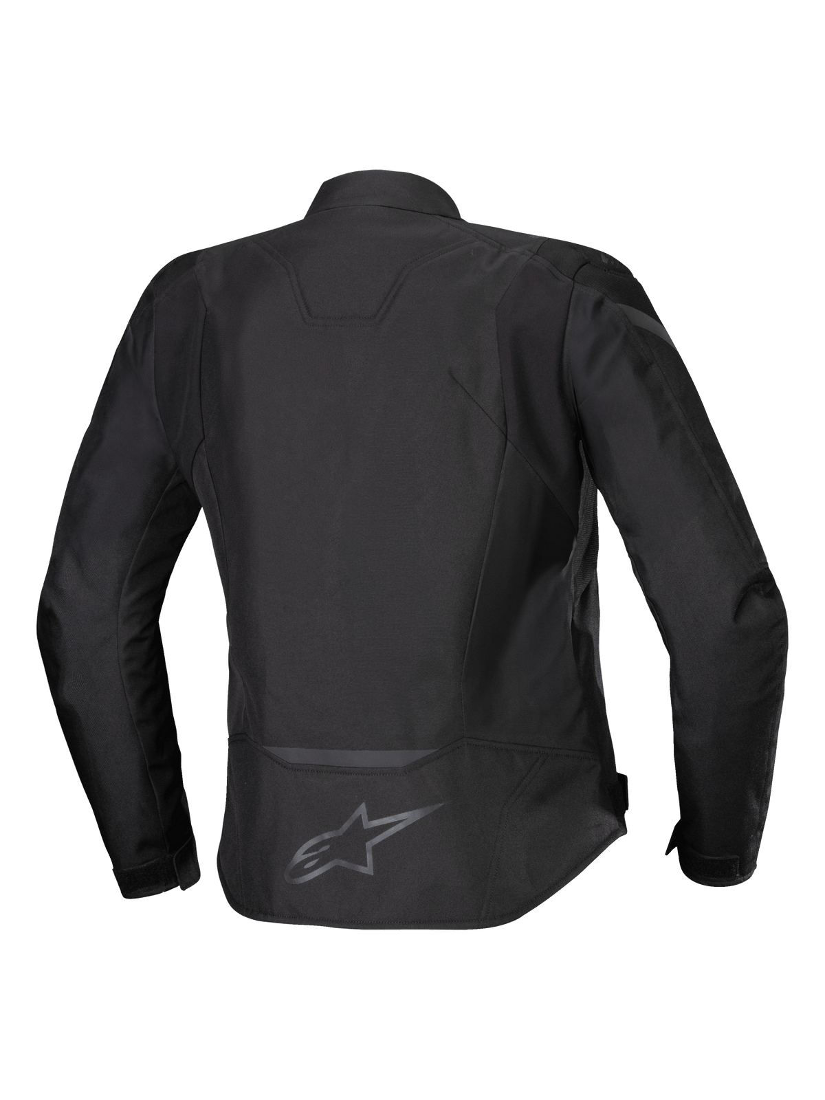 Alpinestars Stella T-Jaws V4 Waterproof Jacket, damska tekstylna kurtka motocyklowa, czarna, widok z tyłu ukazujący ergonomiczną sportową sylwetkę, odblaskowe detale i logo w dolnej części pleców.