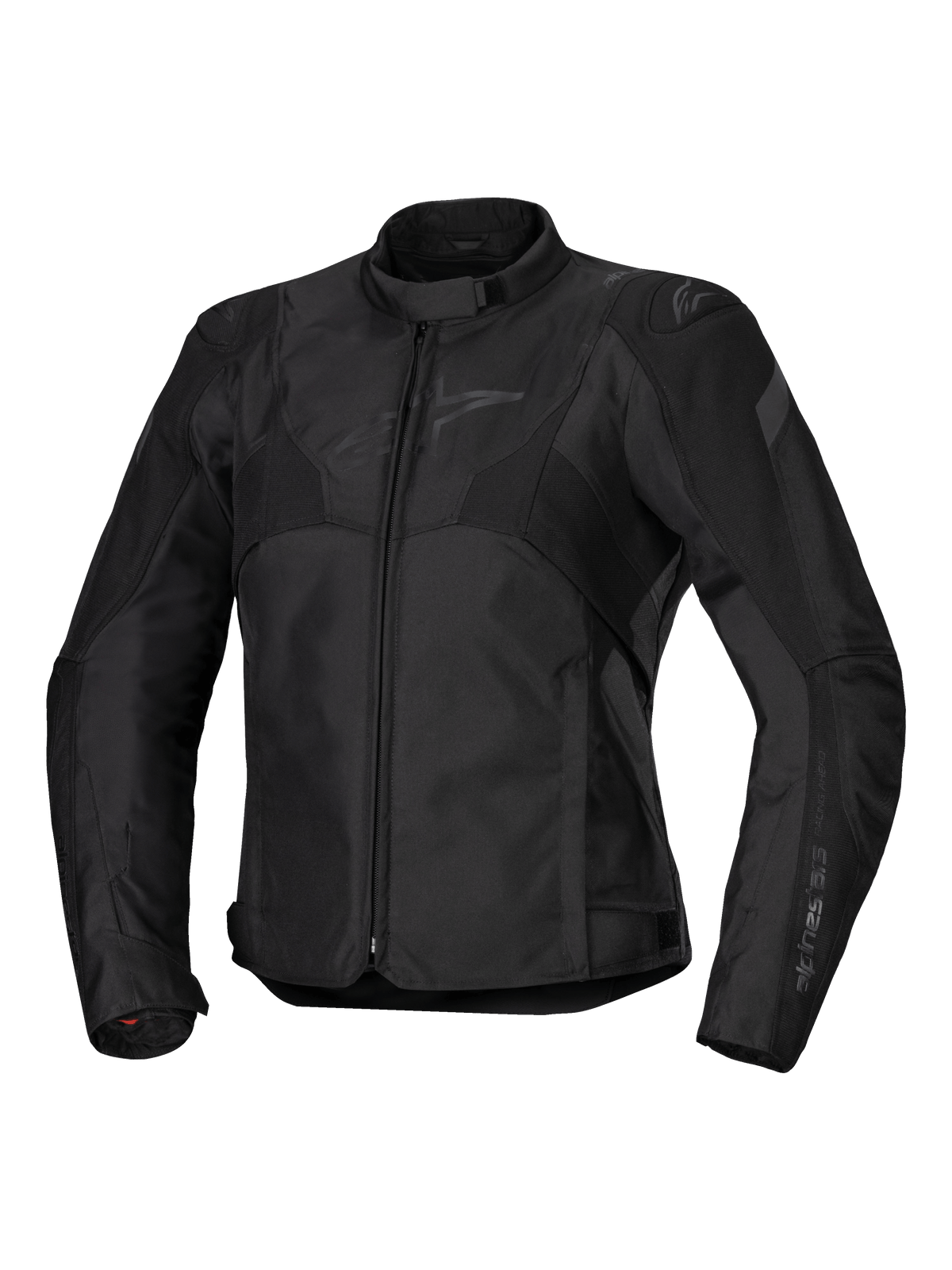 Alpinestars Stella T-Jaws V4 Waterproof Jacket, damska kurtka motocyklowa, czarna, zapięcie na zamek z przodu, ergonomiczny kołnierz, subtelne logo Alpinestars na piersi, wytrzymała konstrukcja tekstylna o sportowym kroju inspirowanym wyścigami