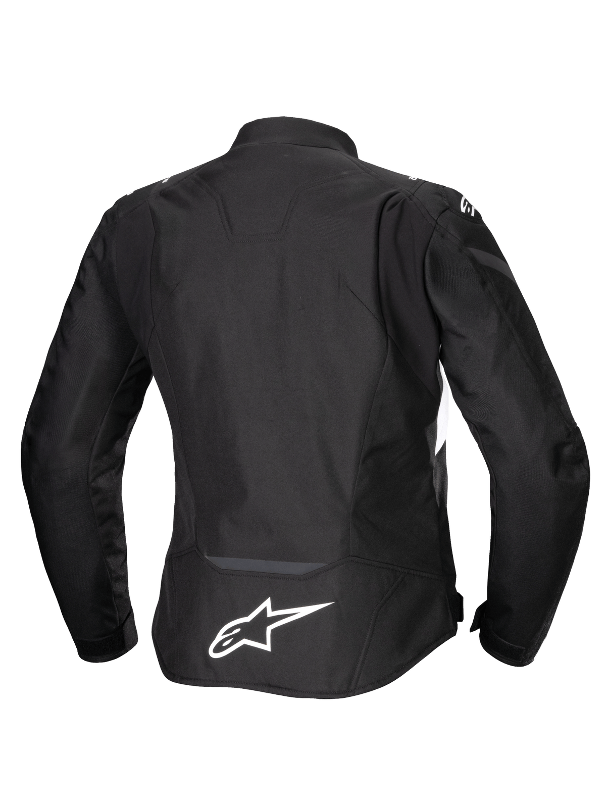 Wodoodporna kurtka Alpinestars Stella T-Jaws V4, damska kurtka motocyklowa, czarna z białymi akcentami, widok z tyłu z białym logo Alpinestars na dole pleców, smukły, sportowy krój tekstylny