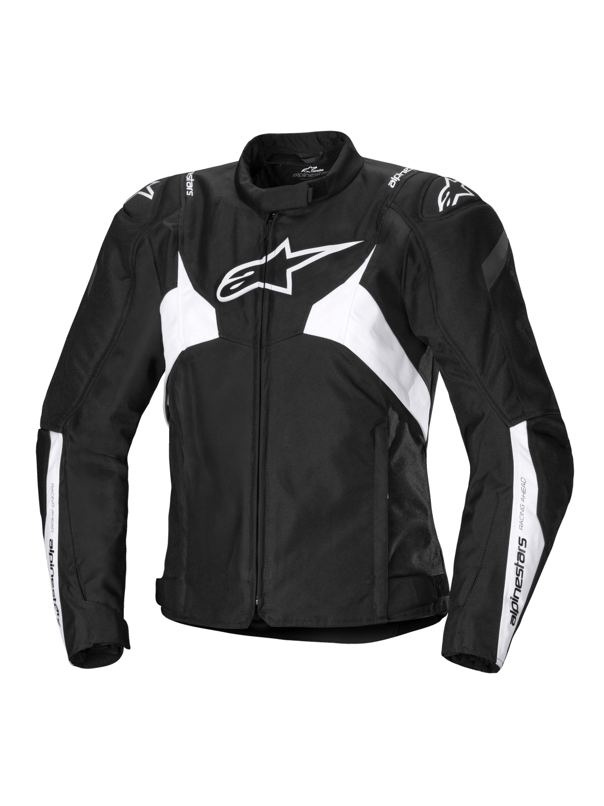 Alpinestars Stella T-Jaws V4 Waterproof Jacket, damska sportowa kurtka motocyklowa, czarno-biała, z wyraźnym białym logo gwiazdy na klatce piersiowej, geometrycznymi białymi panelami na tułowiu i rękawach oraz wzmocnieniami ramion GP Lite, dopasowana sportowa sylwetka 3D.