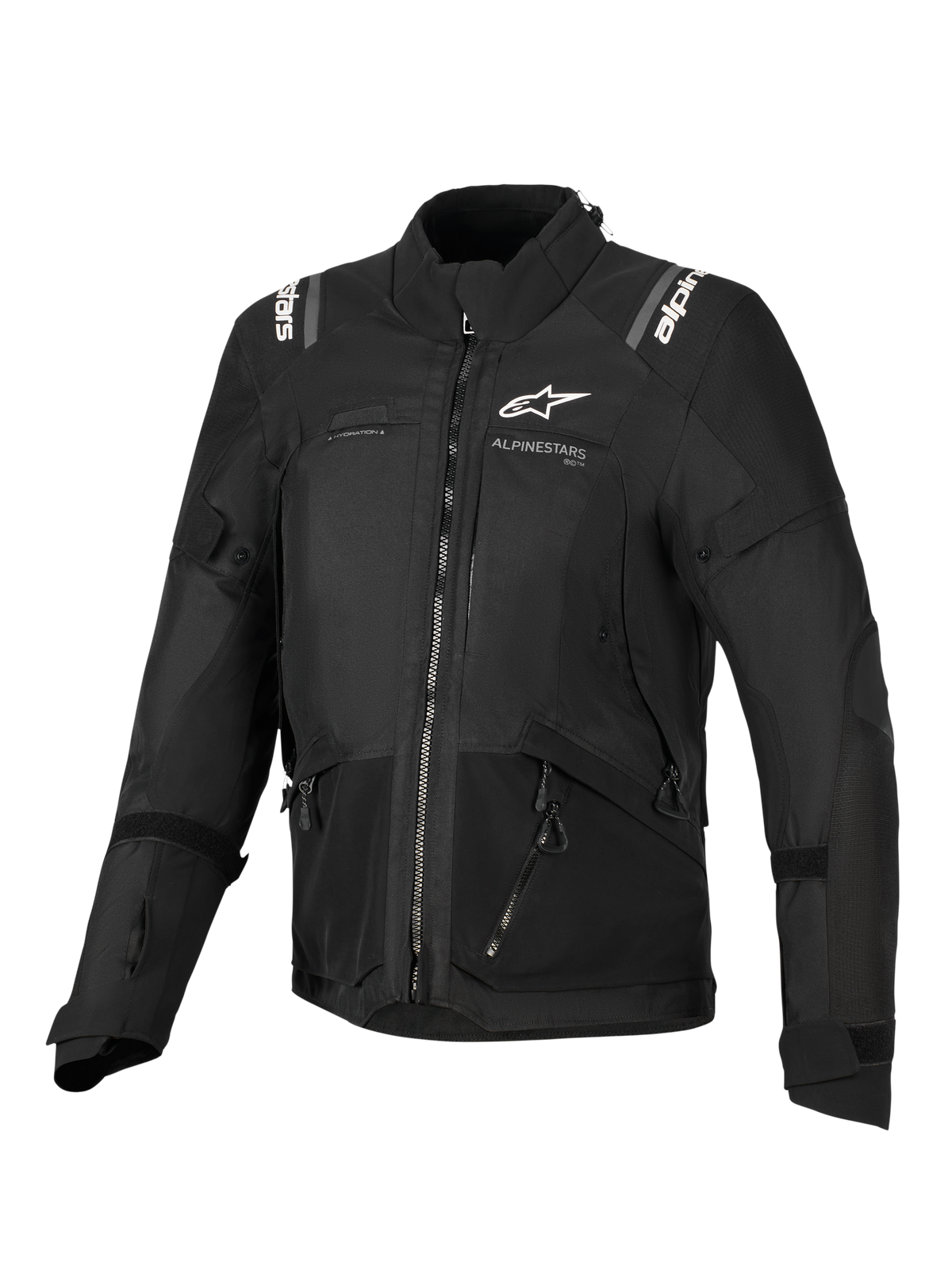 Alpinestars Stella Andes V4 Drystar® Jacket, Women's Motorcycle Jacket, Black, front view featuring white logos on the chest and shoulders, multi-panel textile design with zippers and reflective details, adventure-touring style