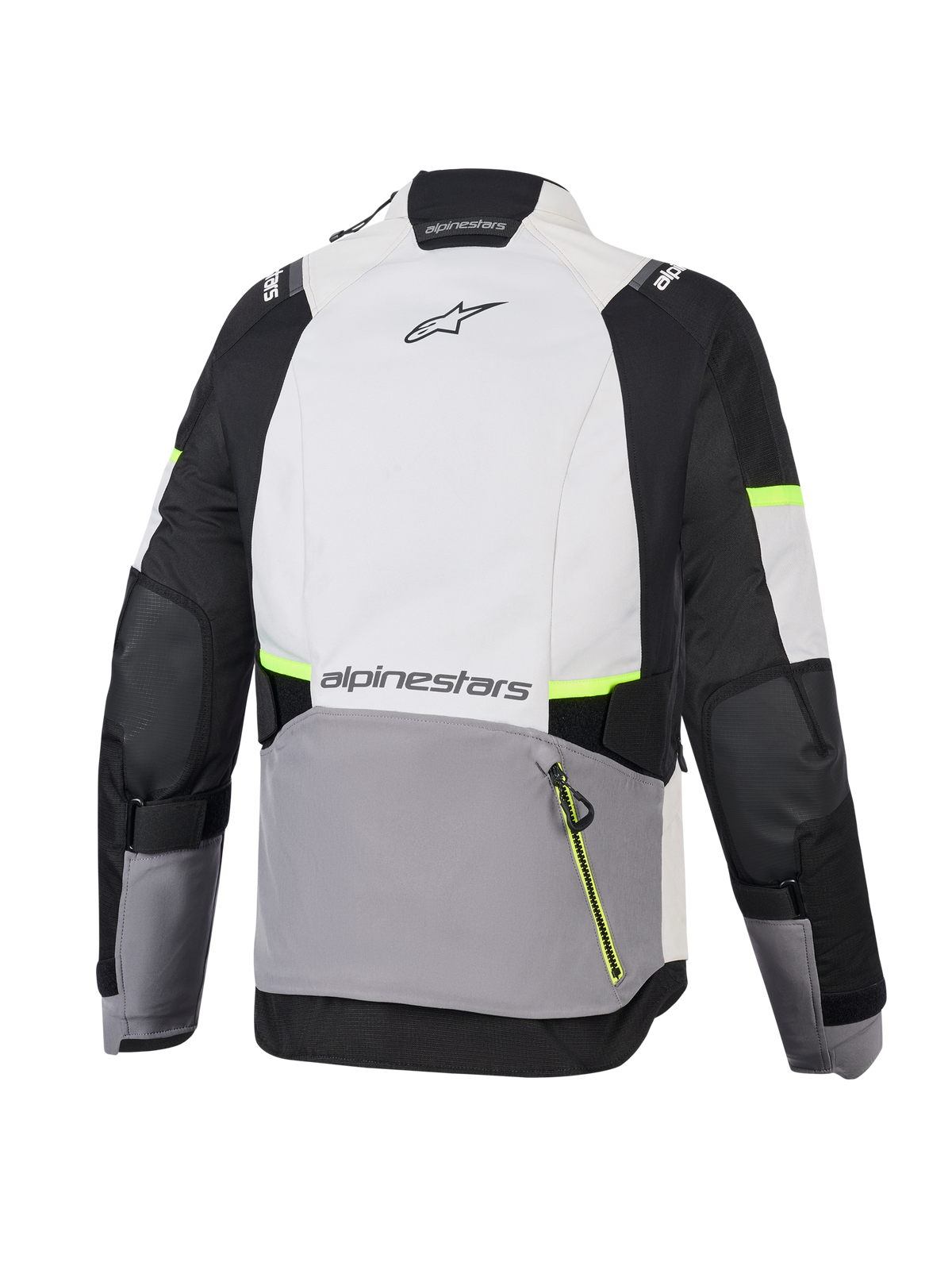 Alpinestars Stella Andes V4 Drystar® Jacket, damska motocyklowa kurtka adventure, kolory Ice Gray, ciemnoszary i czarny z neonowożółtymi akcentami, widok z tyłu pokazujący dużą tylną kieszeń i branding Alpinestars