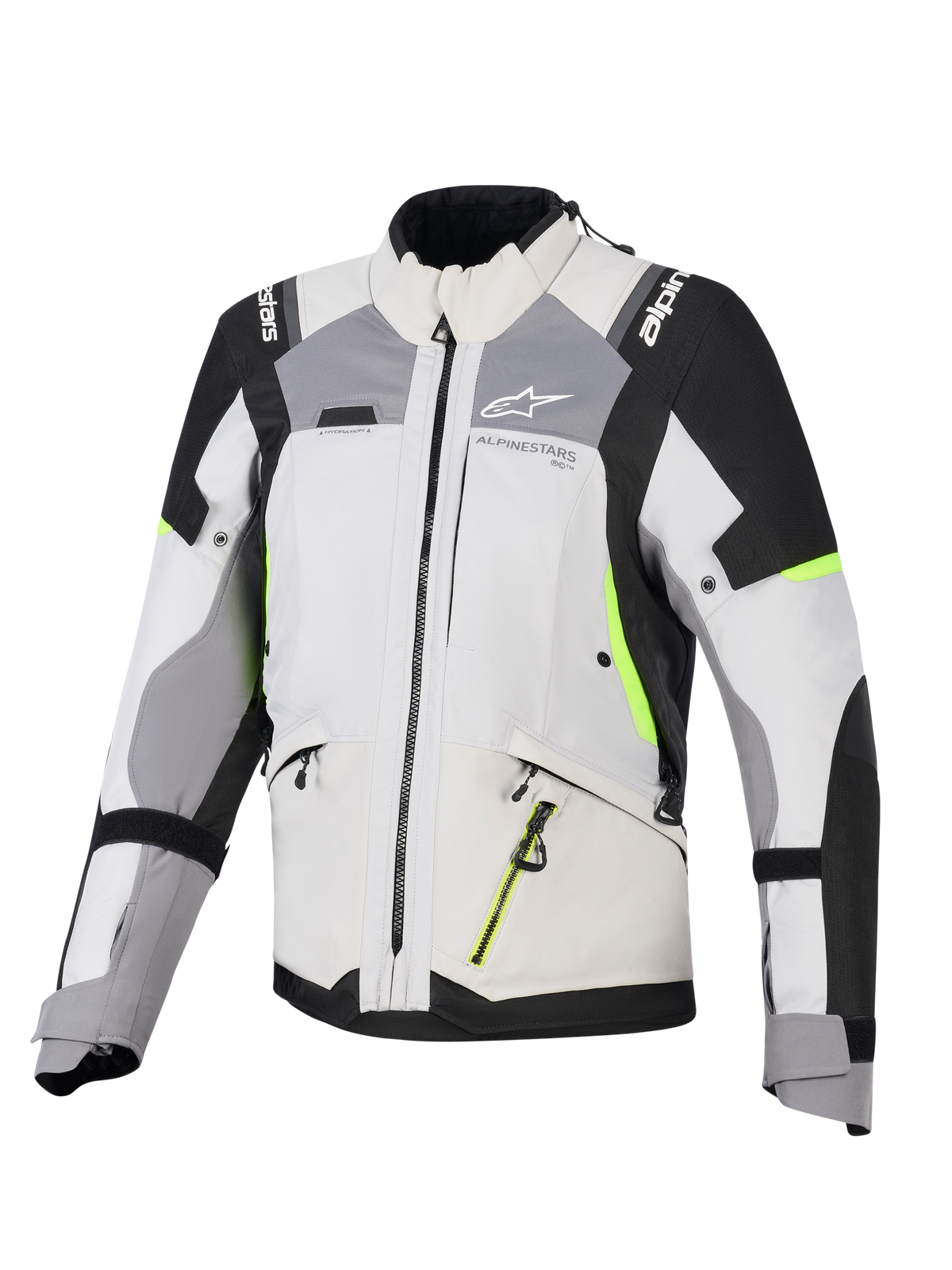 Alpinestars Stella Andes V4 Drystar® Jacket, damska kurtka adventure touring, lodowy szary i ciemnoszary z czarnymi i neonowożółtymi akcentami, wytrzymała konstrukcja tekstylna z wodoodpornymi zamkami i logo Alpinestars, widok z przodu