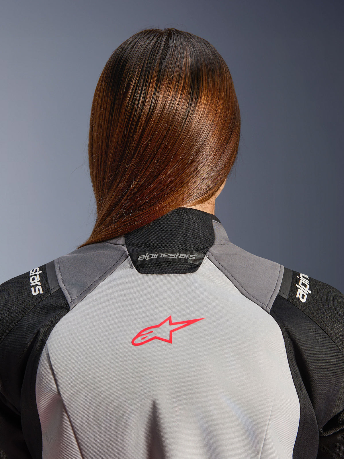 Alpinestars Stella Andes V4 Drystar® Jacket, Women's Adventure Jacket, Ice Gray and Black, Coral Fluo back logo.