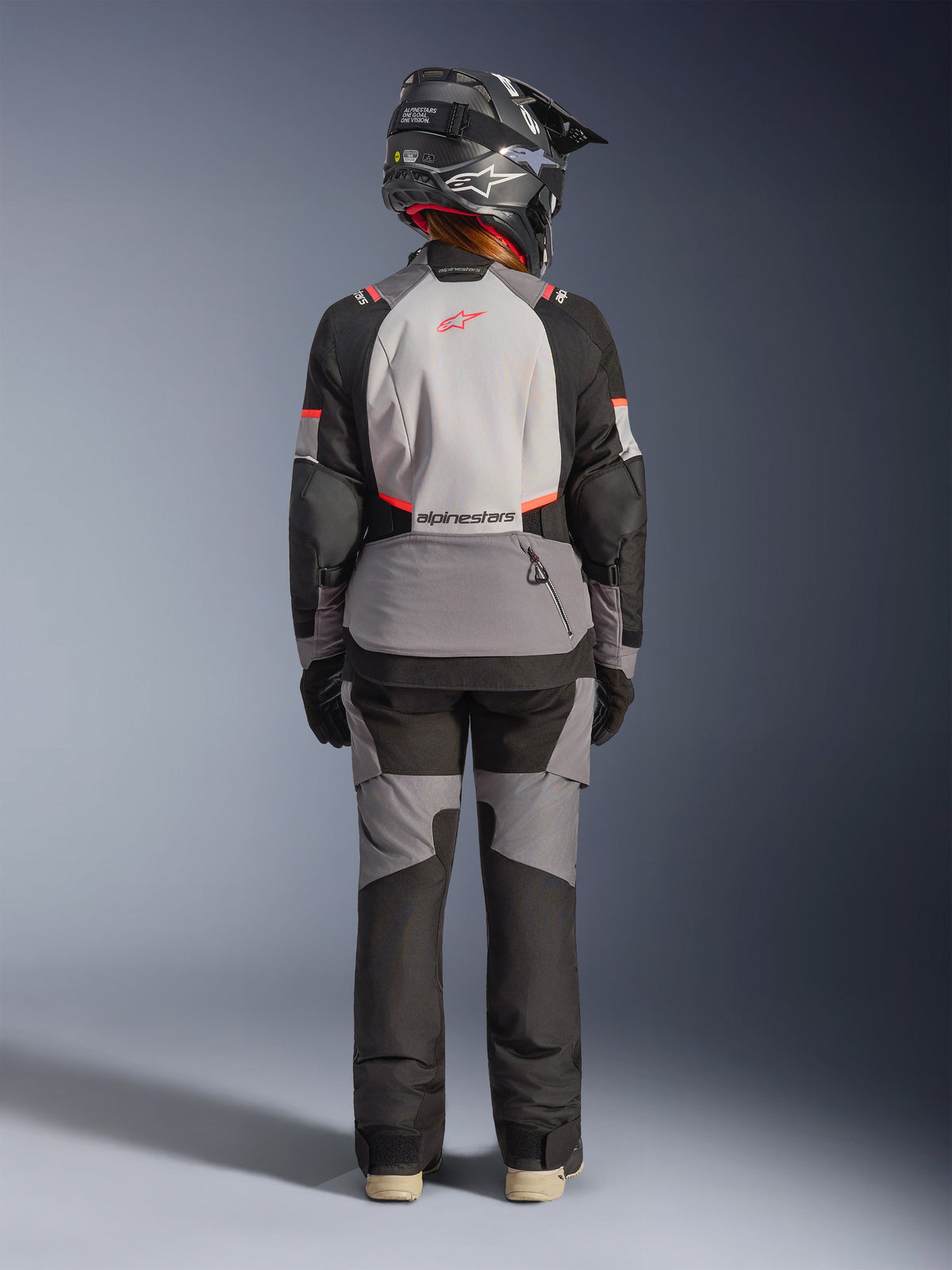 Alpinestars Stella Andes V4 Drystar® Jacket, Women's Adventure Touring, Gray and Black, waterproof textile, back view.