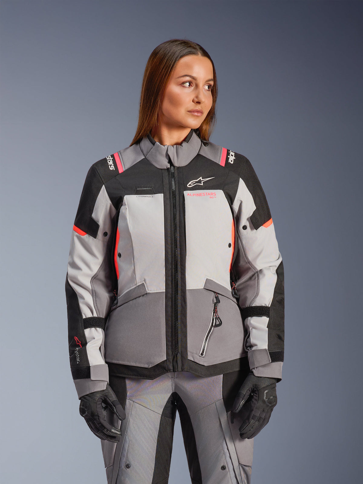 Alpinestars Stella Andes V4 Drystar® Jacket, Gray and Black Women's textile adventure jacket, worn by a female model.