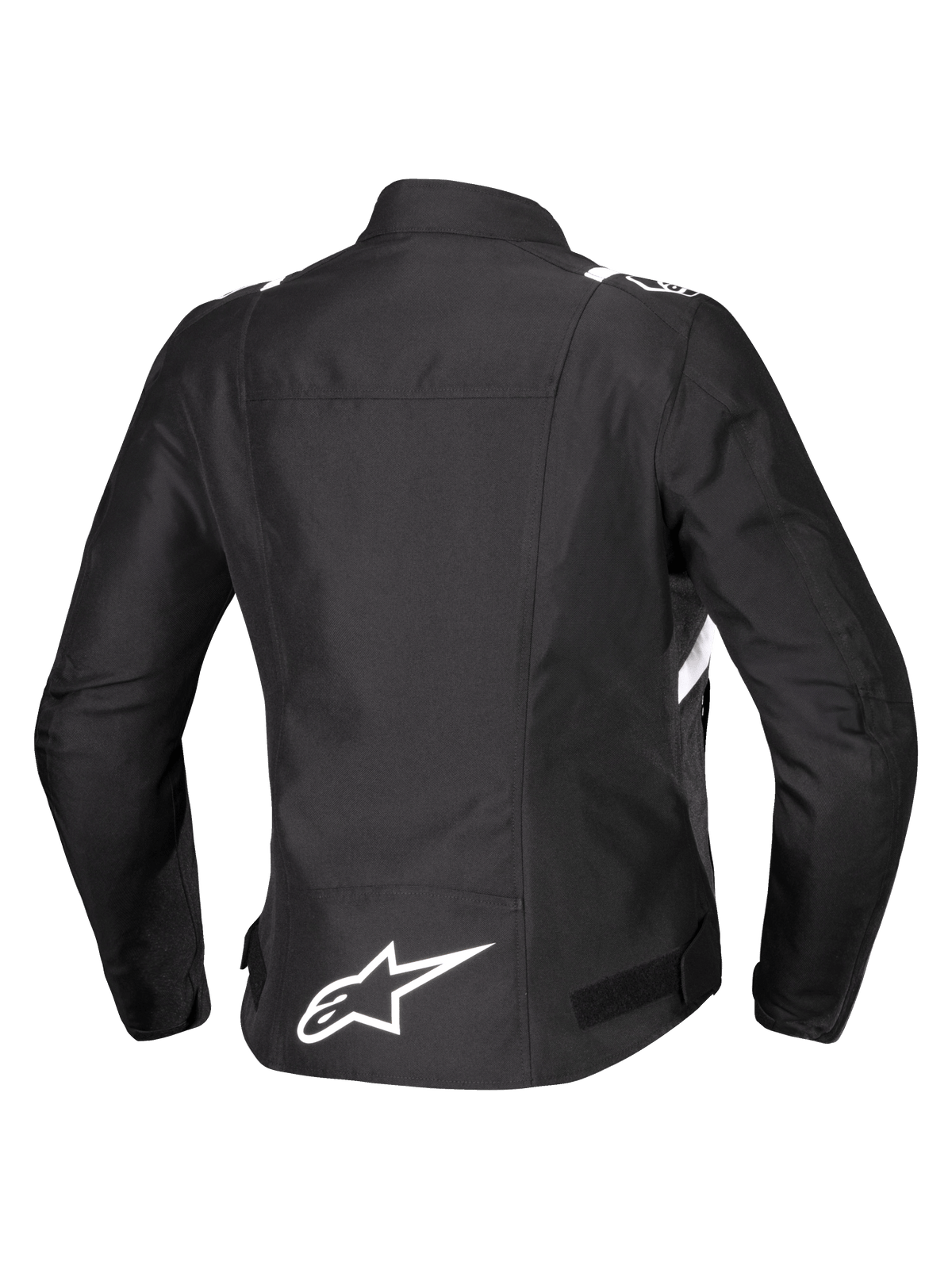 Alpinestars Stella T-SPS V2 Waterproof Jacket, widok z tyłu, damska tekstylna kurtka motocyklowa, czarna z białymi akcentami, białe logo gwiazdy Alpinestars na dole pleców, sportowa wyścigowa sylwetka