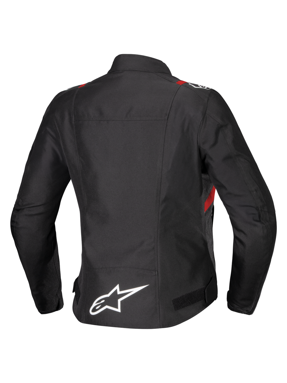 Alpinestars Stella T-SPS V2 Waterproof Jacket, widok z tyłu, czarna z czerwonymi i białymi akcentami, damska tekstylna kurtka motocyklowa z dużym białym logo Alpinestars na dole pleców i sportową sylwetką