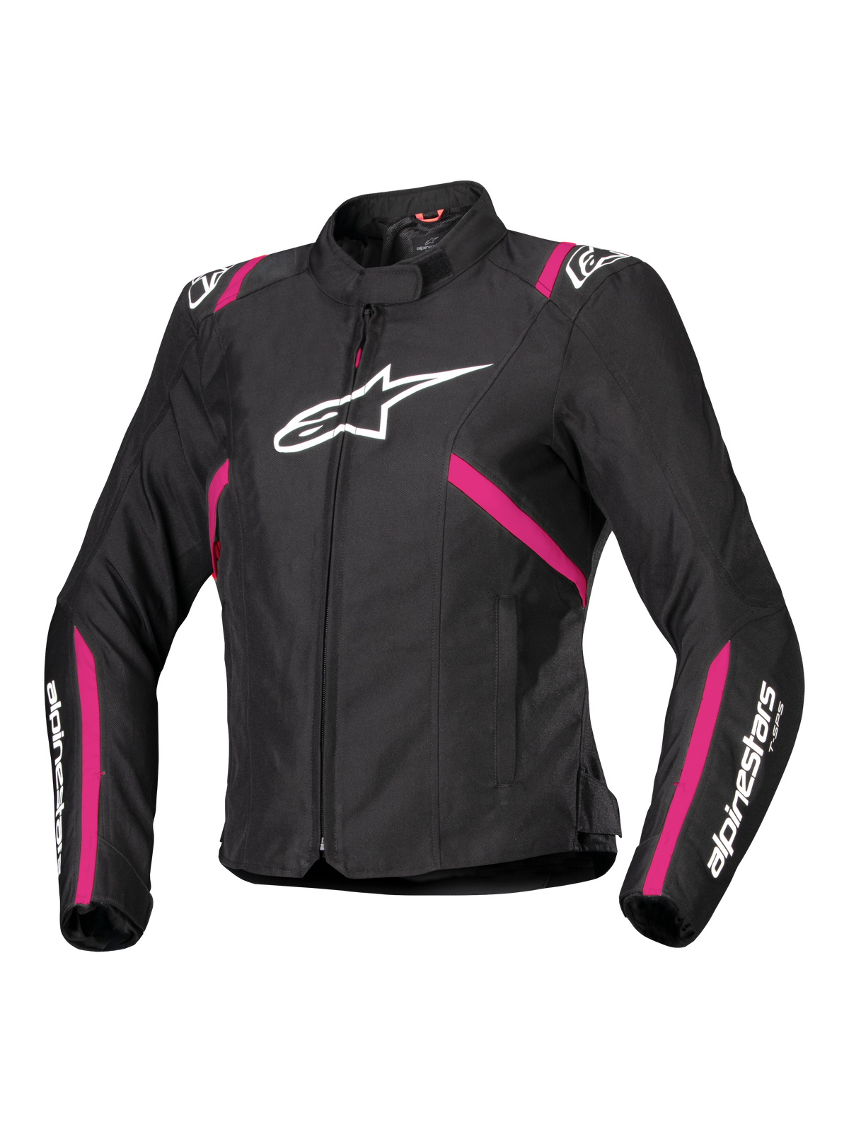 Alpinestars Stella T-SPS V2 Waterproof Jacket, damska tekstylna kurtka motocyklowa, czarna z akcentami Diva Pink i białym, duże białe logo Alpinestars na klatce piersiowej, różowe paski na tułowiu i rękawach, białe oznaczenia na przedramionach, sportowy dopasowany krój do jazdy w każdych warunkach pogodowych