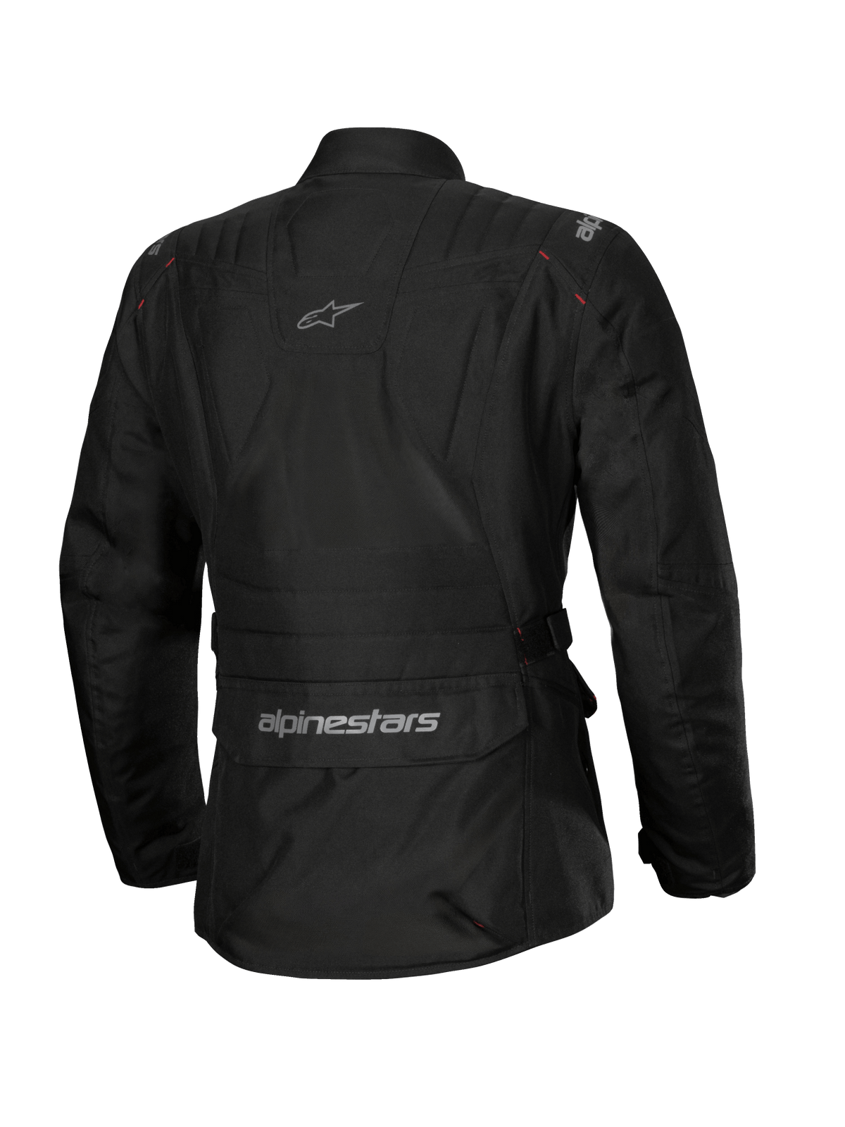 Wodoodporna kurtka Alpinestars Stella ST-1, damska kurtka motocyklowa, czarna, widok z tyłu z dużą kieszenią cargo z logo na dole pleców, styl adventure touring z subtelnym brandingiem w górnej części pleców, wytrzymała wodoodporna konstrukcja tekstylna
