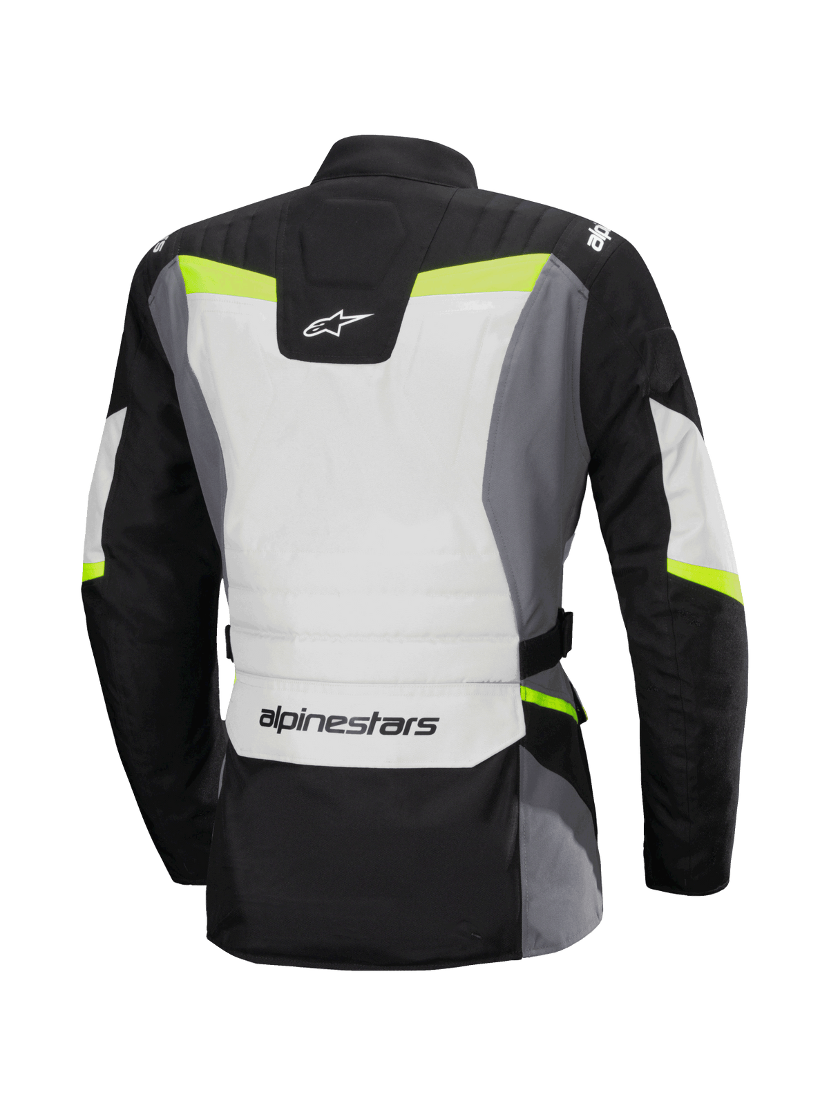 Alpinestars Stella ST-1 Waterproof Jacket, widok z tyłu, damska motocyklowa kurtka turystyczna, kolor jasnoszary, czarny i żółty neonowy, logo Alpinestars na dole pleców i karku, design adventure touring, ochronna konstrukcja tekstylna i fluorescencyjne akcenty