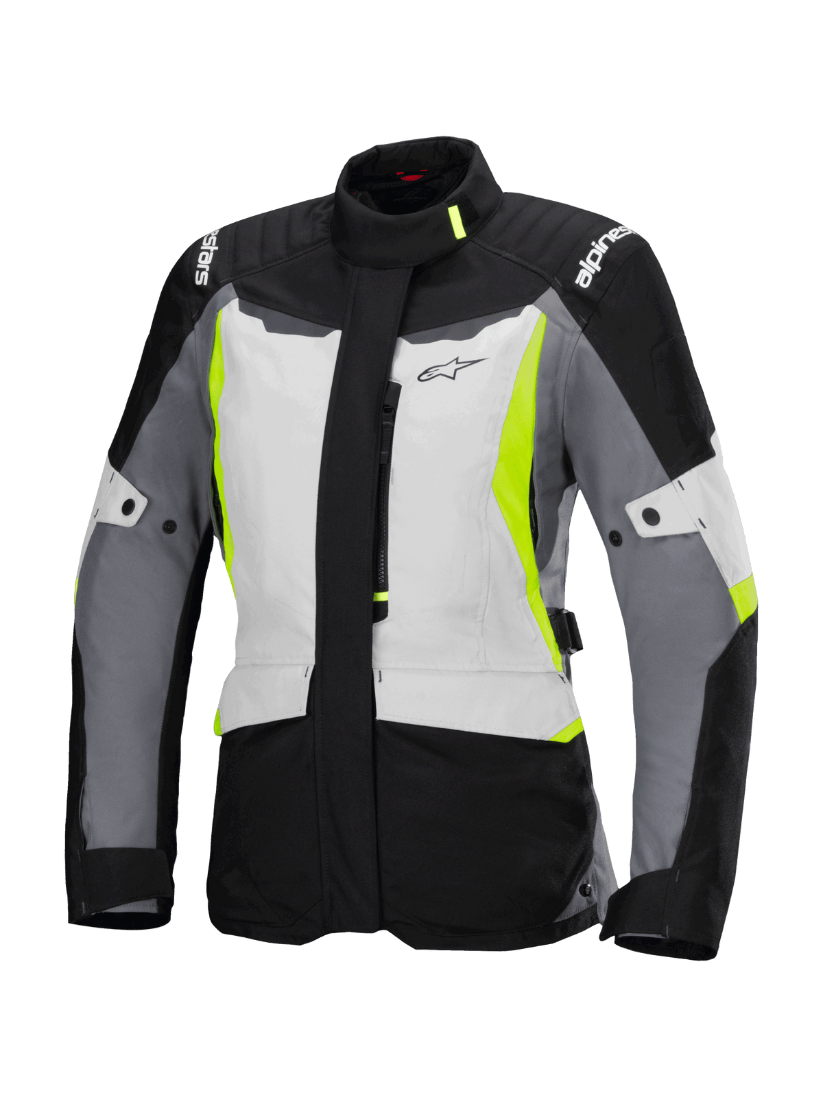 Alpinestars Stella ST-1 Waterproof Jacket, damska motocyklowa kurtka turystyczna, jasnoszara, czarna i neonowa żółta, z wysokim kołnierzem, zamkiem z przodu, wzmocnionymi ramionami z logo i regulowanymi paskami w talii, design inspirowany stylem adventure touring