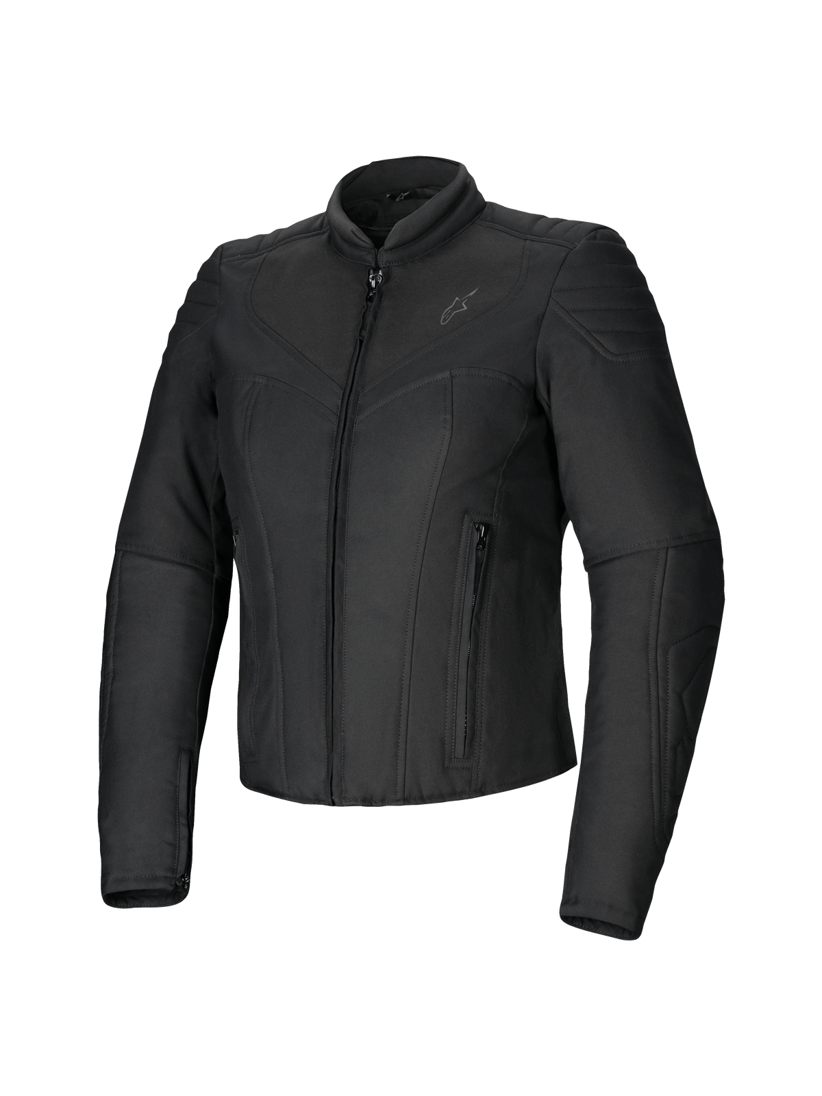 Alpinestars Isla WR, damska kurtka motocyklowa, czarna, dopasowana kurtka tekstylna, matowe wykończenie z pikowanymi akcentami na ramionach i przedramionach, zapięcie na zamek z przodu, dwie kieszenie na suwak, wysoki kołnierz motocyklowy, nowoczesna miejska odzież motocyklowa