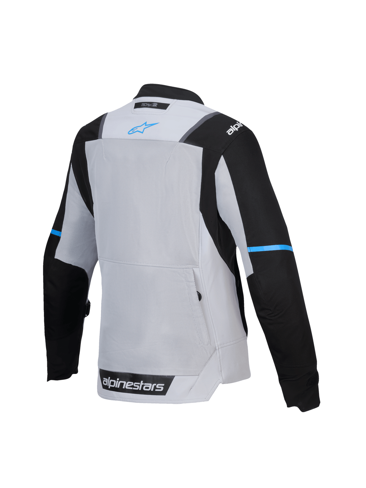 Alpinestars Stella ST-2 Air, damska turystyczna kurtka motocyklowa, widok z tyłu prezentujący duży panel wentylacyjny z siatki i kieszeń na plecach, szaro-czarna z niebieskimi detalami, certyfikat CE poziomu AA