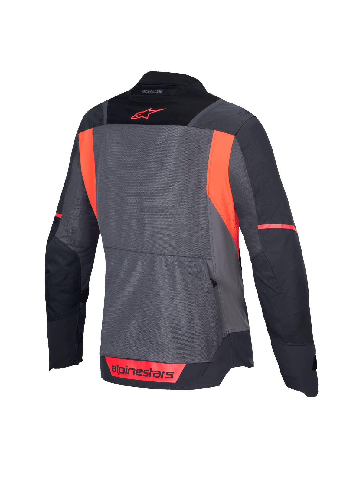 Alpinestars Kurtka Stella ST-2 Air, damska turystyczna kurtka motocyklowa, widok z tyłu w kolorach ciemnoszarym, jasnoszarym i fluo coral, z panelami wentylacyjnymi z siatki i certyfikatem CE poziomu AA